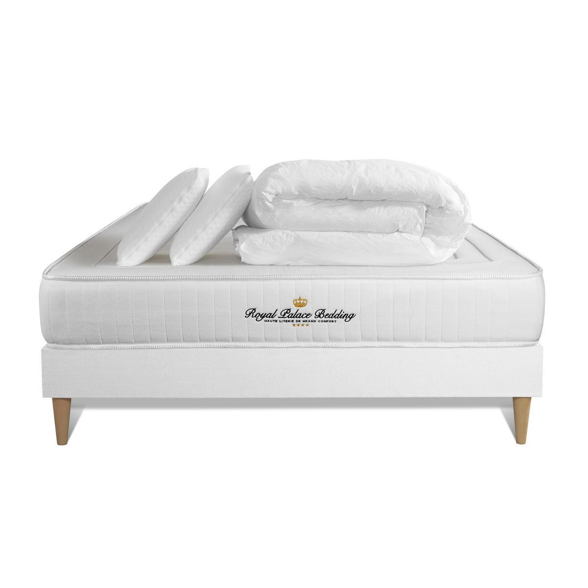 BETT Nottingham Memory-Schaum 140 x 190 cm h3 - Kit Bettgestell Weiß - Mit Kissen und Bettdecke - Beige/Weiß, Karton/Holz (140/190cm) - ROYAL PALACE BEDDING