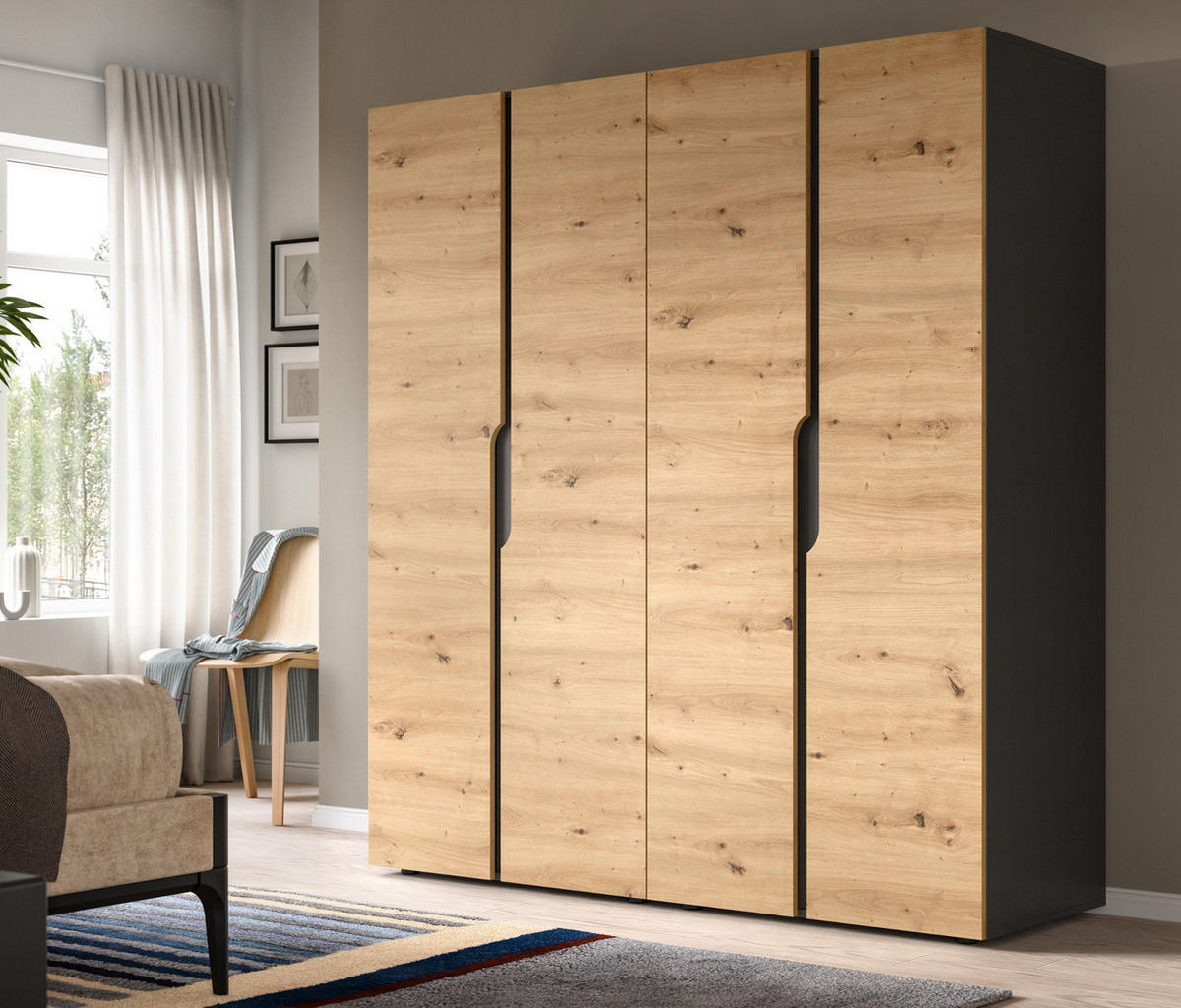 KLEIDERSCHRANK Eiche Artisan, grau 162 x 176 cm, Drehtürenschrank 4-türig - Schwarz/Eiche Artisan, Holzwerkstoff/Kunststoff (162/176/51cm) - Inn.Furn