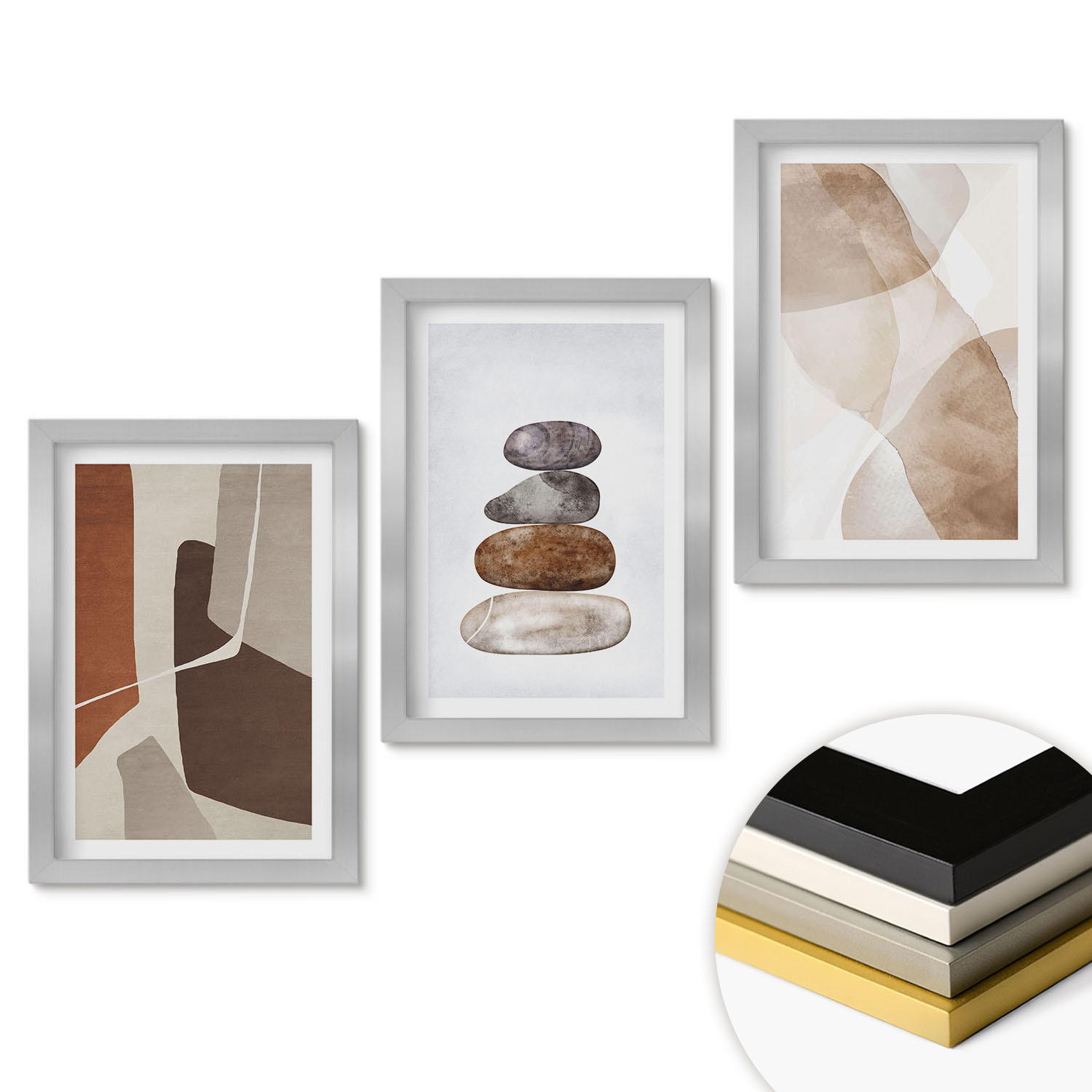 WANDBILDER 3er Set - 20x30 cm Silberner Rahmen - Moderne abstrakte Malerei - Silberfarben, Kunststoff (20/30cm) - ArtPrintCave