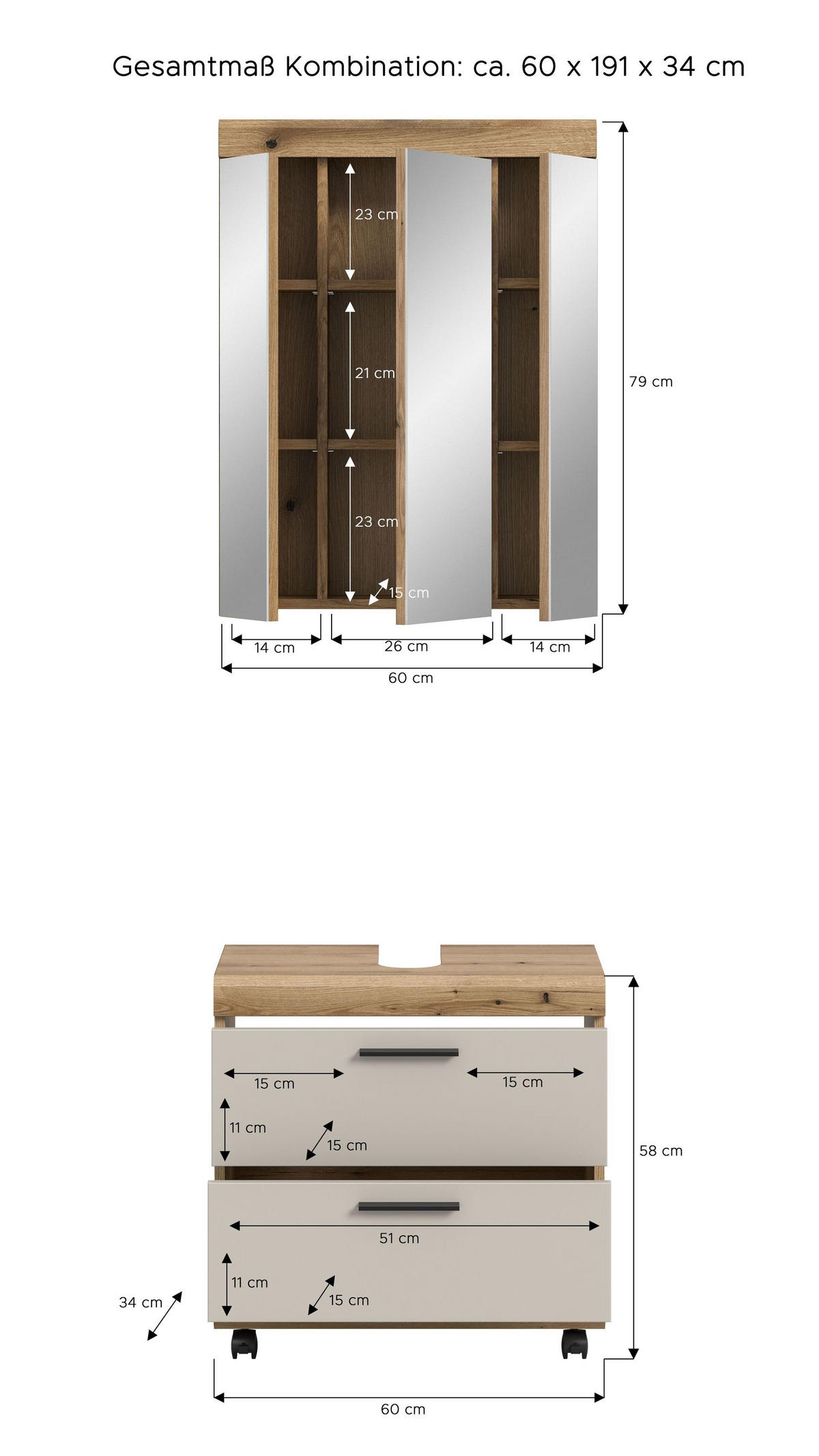BADEZIMMER auf Rollen Vento 3-tlg. (B/H/T: ca. 60/191/34 cm) in Evoke Oak /- - Eichefarben, Holzwerkstoff (60/191/34cm)