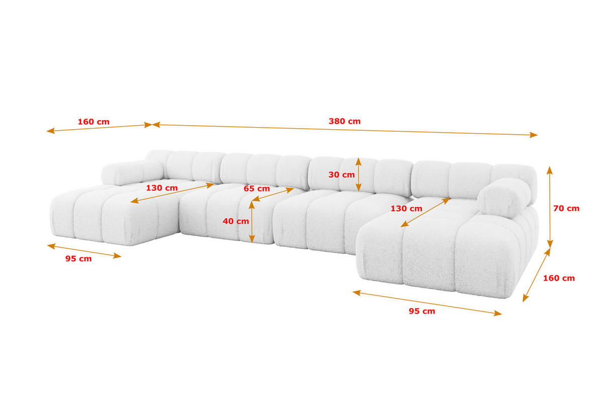 WOHNLANDSCHAFT modulares Sofa Tesso-U2 - 380x160x70 cm Weiß Bouclé - Weiß, Holzwerkstoff/Textil (380/70/160cm) - ALTDECOR