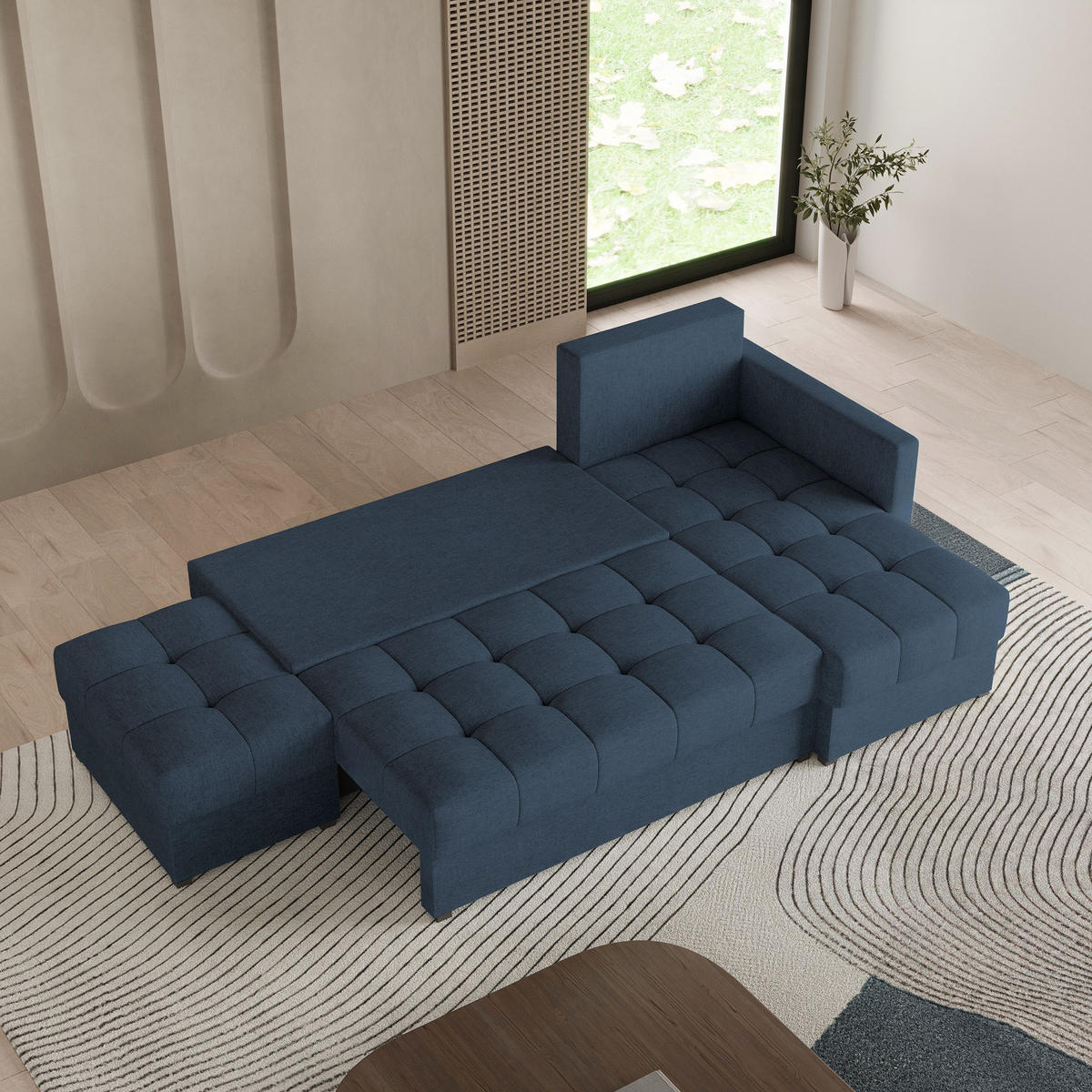 ECKSOFA LUMARI R-S Blau Plüsch-Stoff mit Schlaffunktion - Blau, Holz (262/143cm) - MASSENO