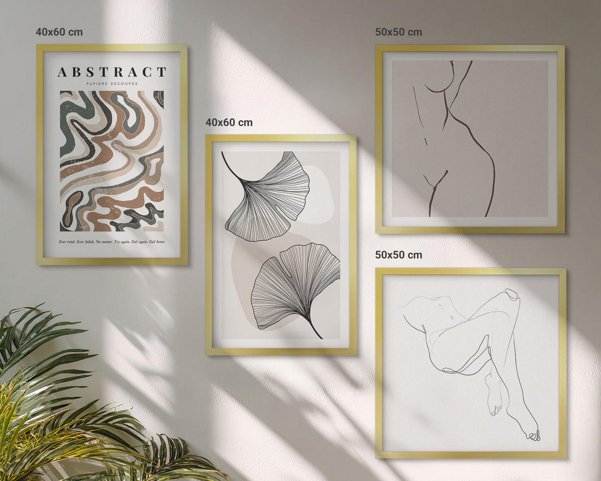 WANDBILDER 4er Set - 50x50 cm & 40x60 cm Goldrahmen - Abstrakte Boho-Blattformen - Goldfarben, Kunststoff (50/50cm) - ArtPrintCave