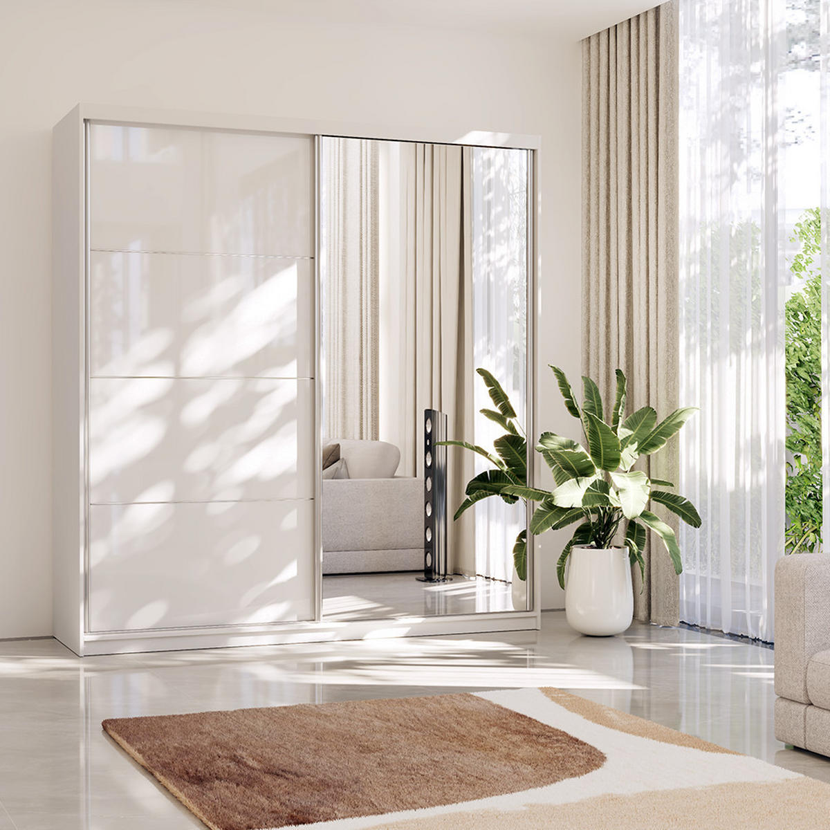 SCHWEBETÜRENSCHRANK 203/218/61cm 2-türig Pola 35 Weiß,Weiß Semigloss - Alufarben/Weiß, Glas/Holzwerkstoff (203/218/61cm) - imoebel24