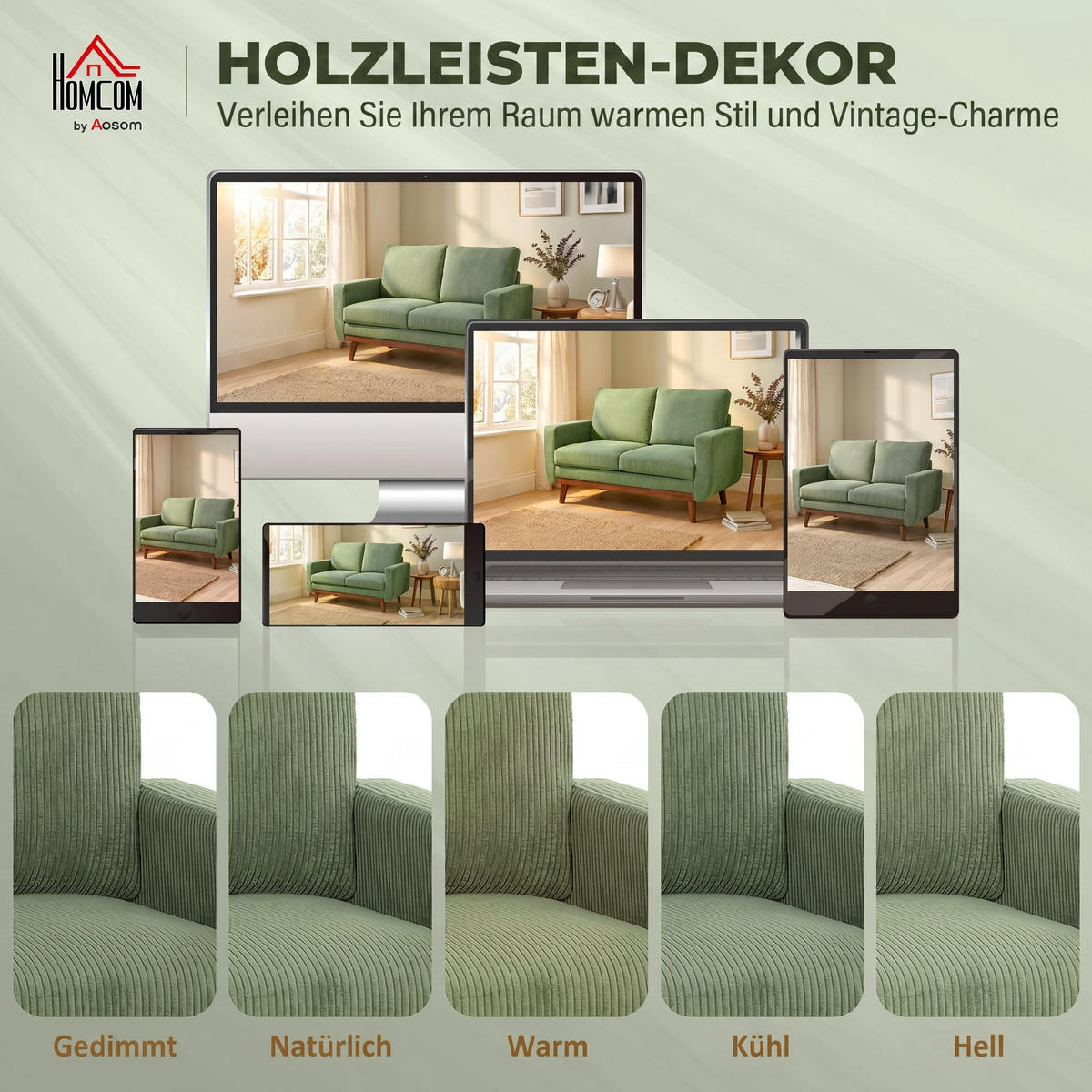 2-SITZER-SOFA Cord Grün - Naturfarben/Grün, Holz/Textil (74/84/134cm) - HOMCOM