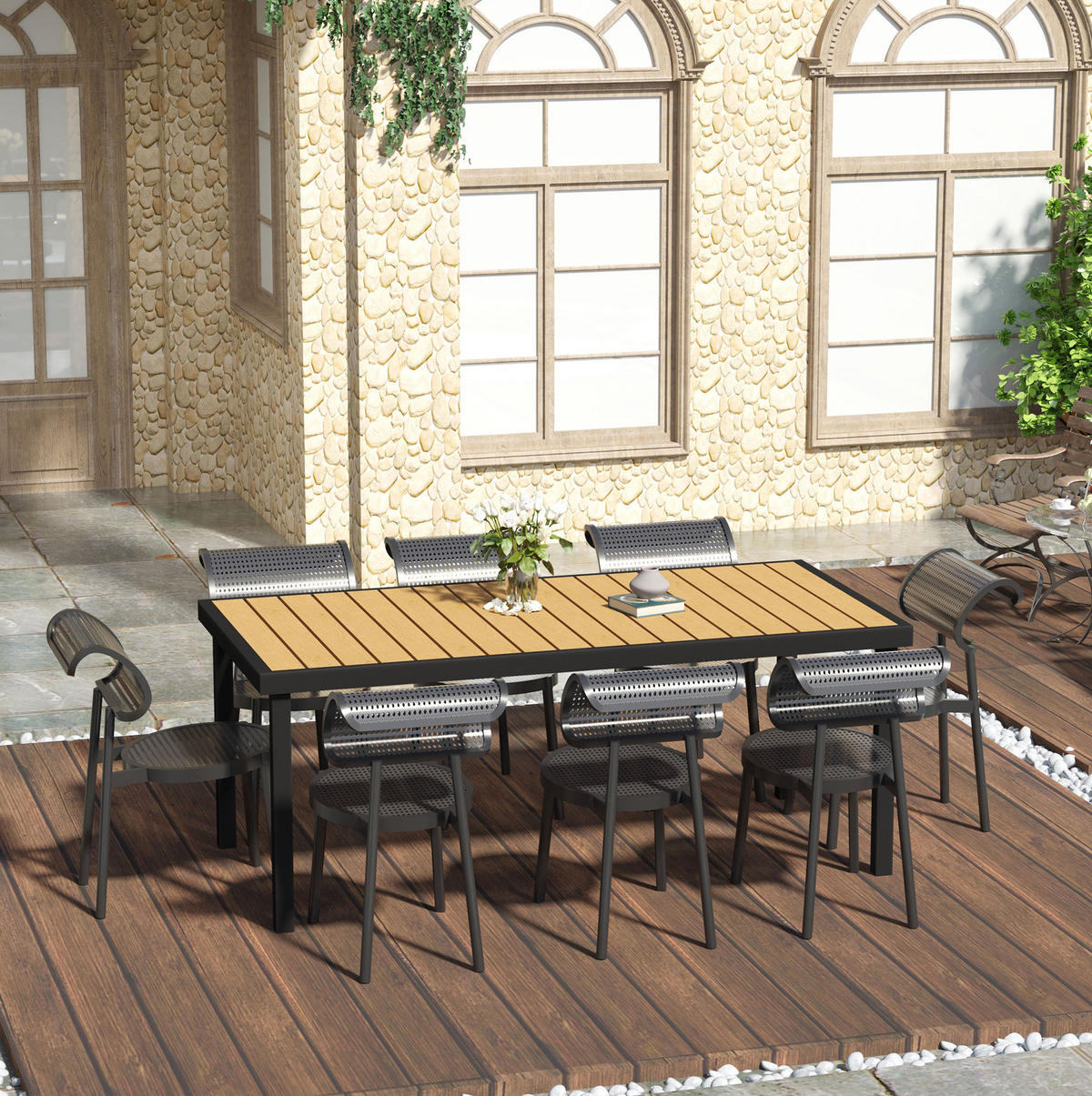 GARTENTISCH 190/90/74 cm für 8 Personen mit Holzoptik-Tischplatte und Aluminiumrahmen, Natur - Naturfarben, Metall (190/90/74cm) - Redom