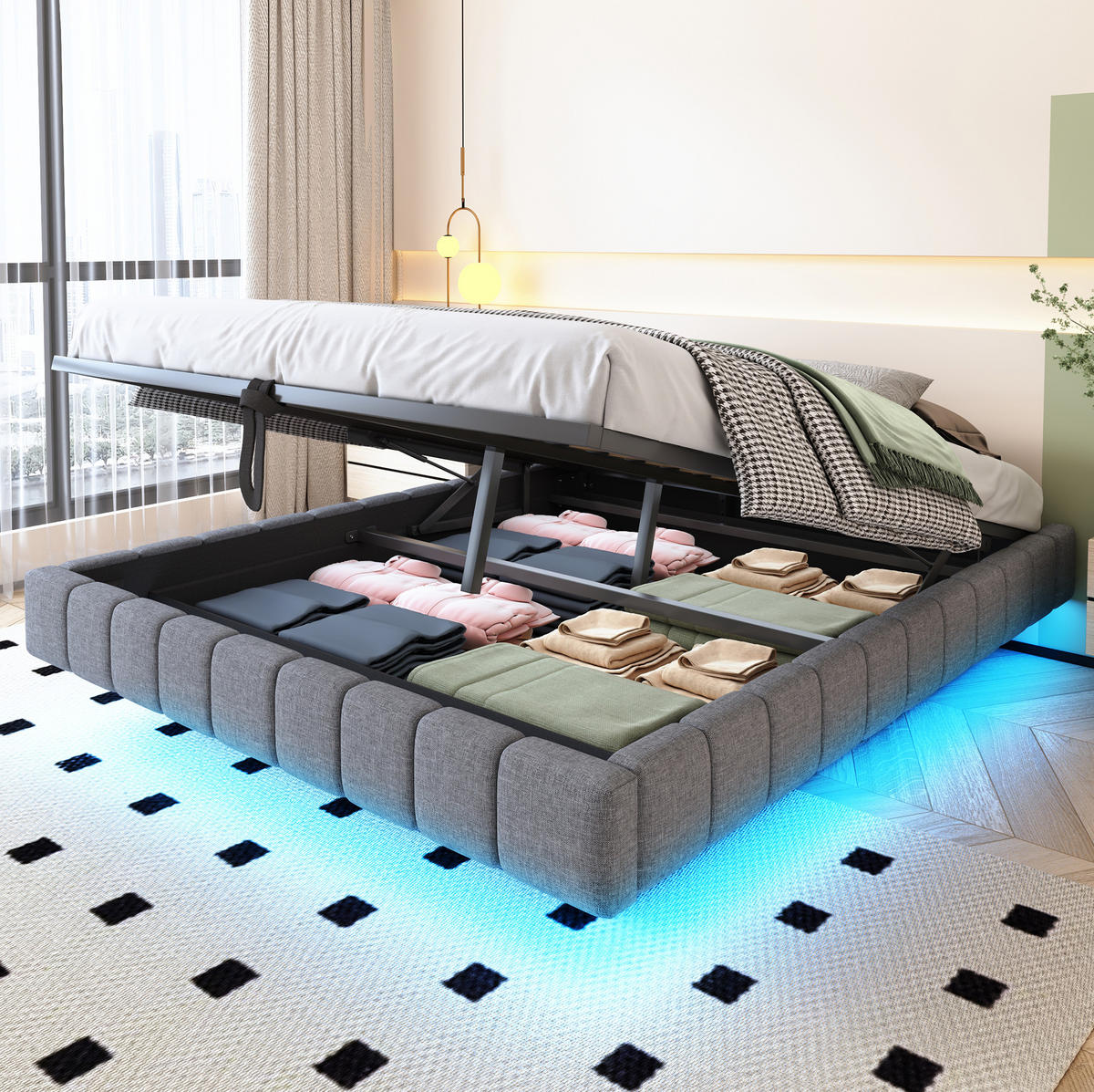 POLSTERBETT mit Stauraum und LED 160x200 cm Grau - Grau, Metall (160/200cm) - Meubliv