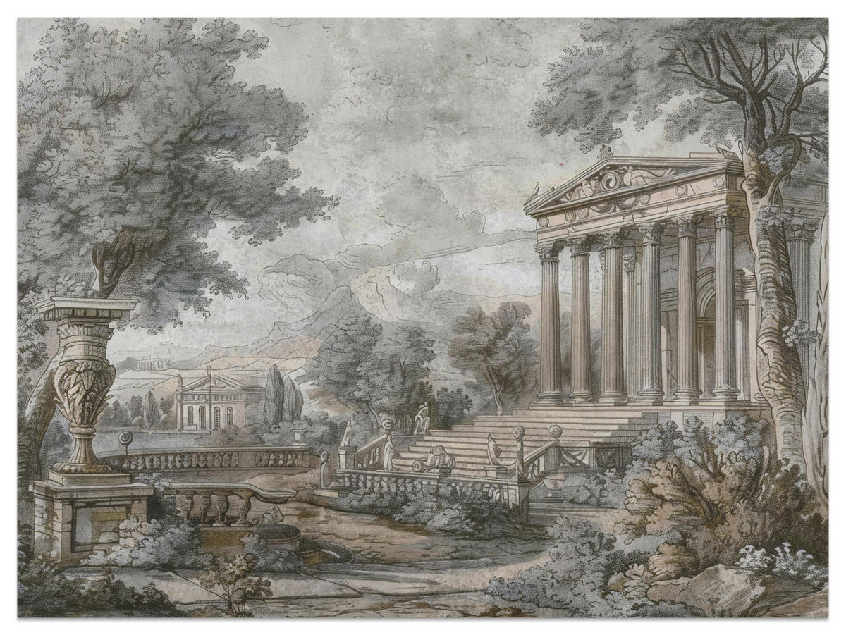 FOTOTAPETE Antike Architektur Bäume Landschaft 350x256 - Beige/Violett, Papier (350/256cm) - Muralo