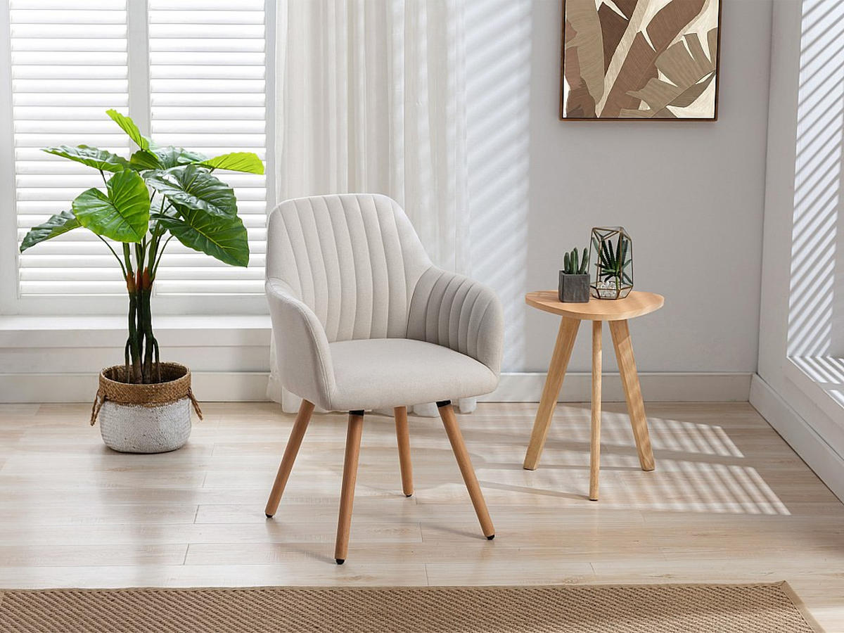 STUHL mit Armlehnen 2er-Set - Stoff & Metall in Holzoptik - Cremefarben - ELEANA - Creme, Textil (58/85/56cm) - Vente-Unique