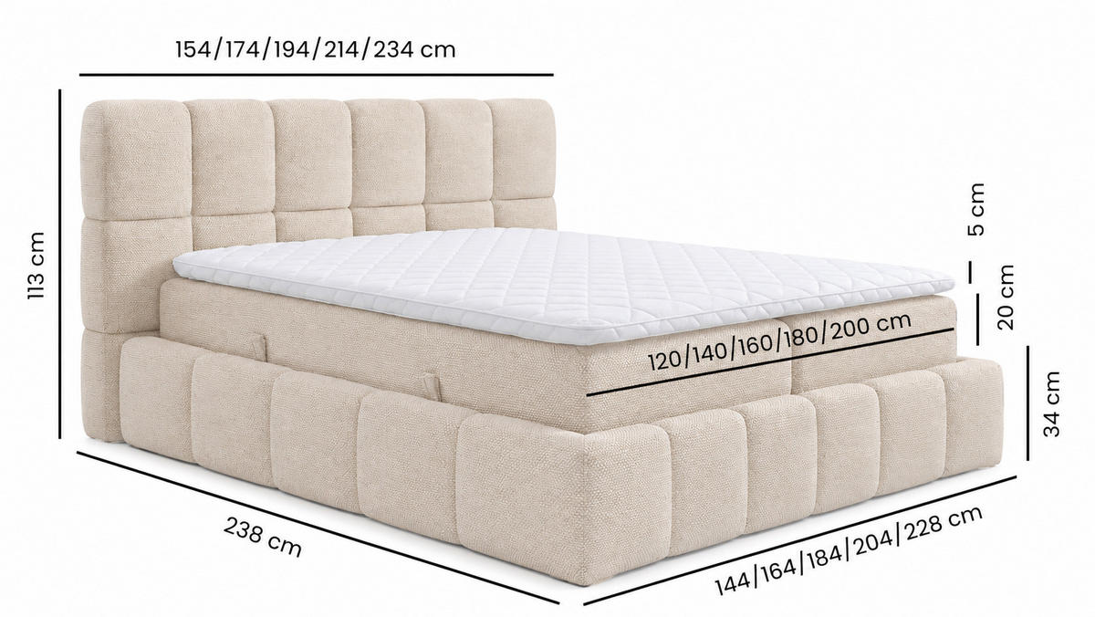 BOXSPRINGBETT AURA mit Topper und Bettkasten, Taupe, H3 Bonell, 120x200 cm - Taupe, Textil (120/200cm) - Labett