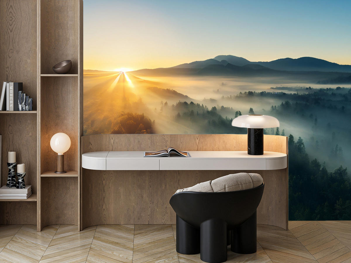 FOTOTAPETA Pre Obývaciu Izbu Východ Slnka Nad Hornatým Ihličnatým Lesom Zlato 500 x 350 cm - hnedá/žltá, papier (500/350cm) - Muralo