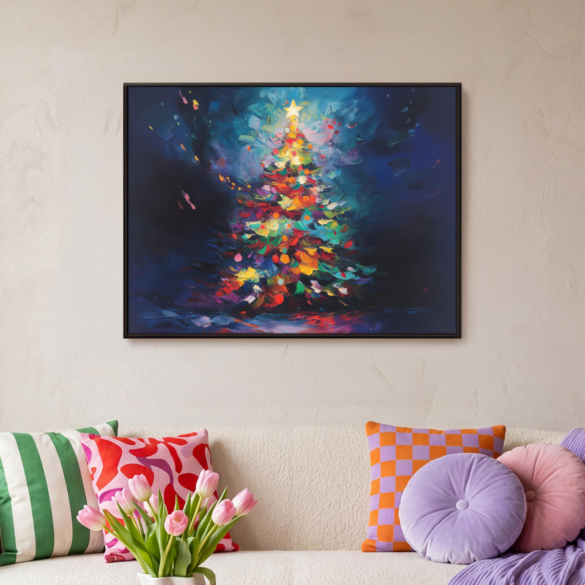 LEINWAND Bilder mit Rahmen - Weihnachtsbaum - Weihnachten - Abstrakt - Farbenfroh - 80x60 - Multicolor, Textil (80/60cm) - MuchoWow