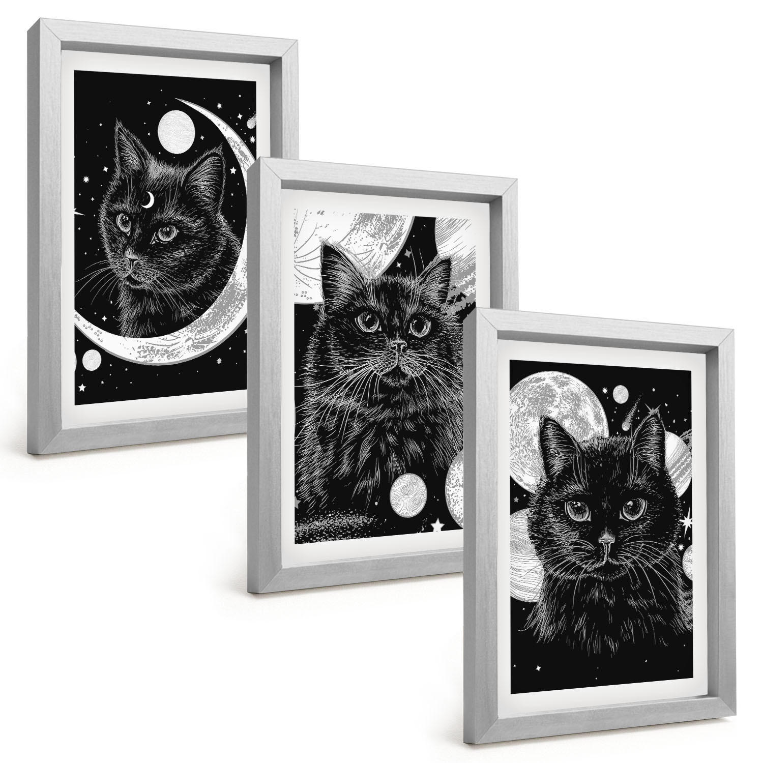 BILDER SET 3er Set - 20x30 cm Silberner Rahmen - Schwarze Katzen, Mond, Weltraum - Silberfarben, Kunststoff (20/30cm) - TULUP