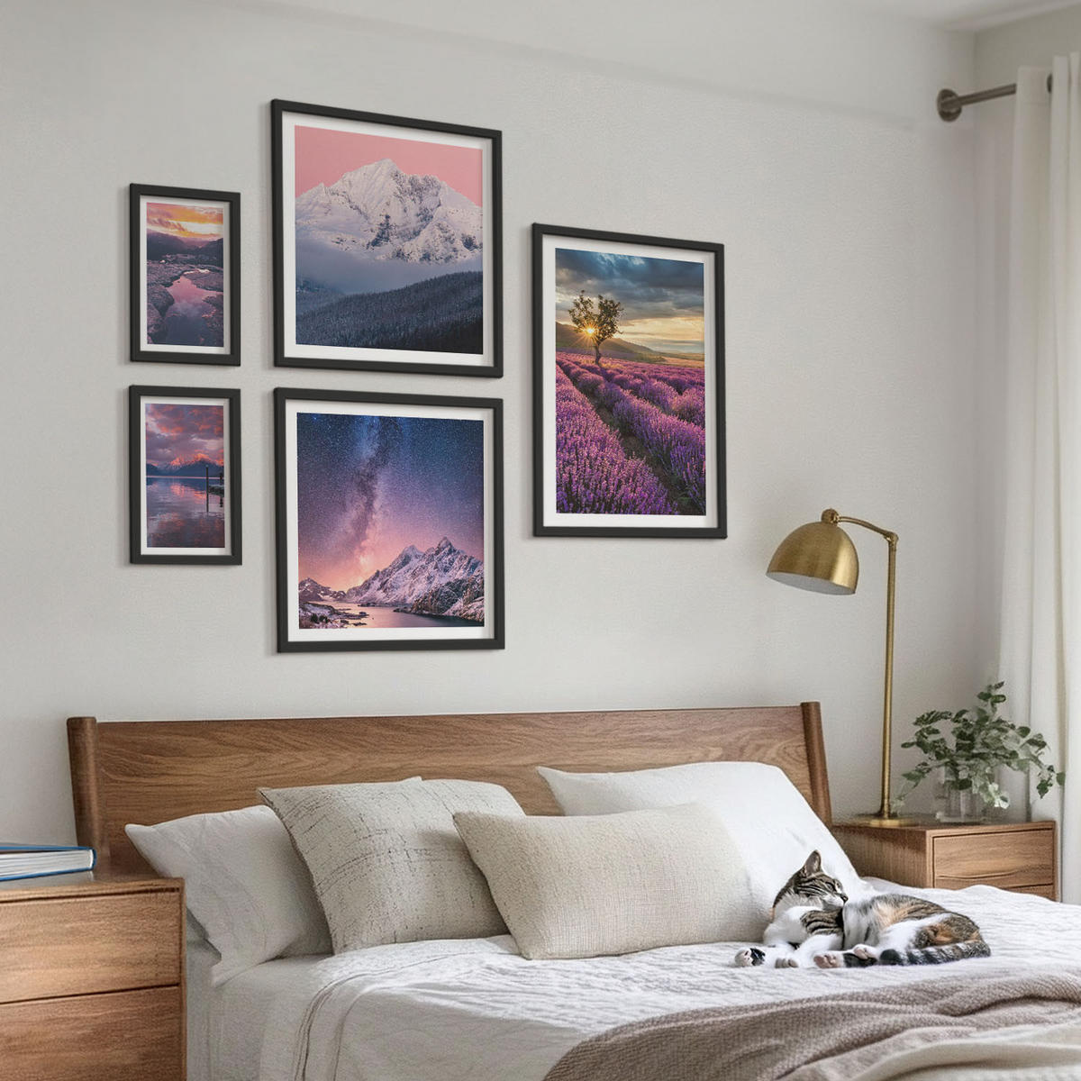 BILDER SET 5er Set - 50x50 cm & 20x30 cm & 40x60 cm Schwarzer Rahmen - Nachtstädte mit Neonlichtern - Schwarz, Kunststoff (40/60cm) - TULUP