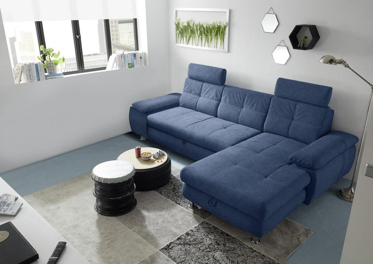 ECKSOFA mit Schlaffunktion und Bettkasten, Brego-Stoff - Chromfarben/Blau, Textil/Metall (177/274cm) - ed exciting design