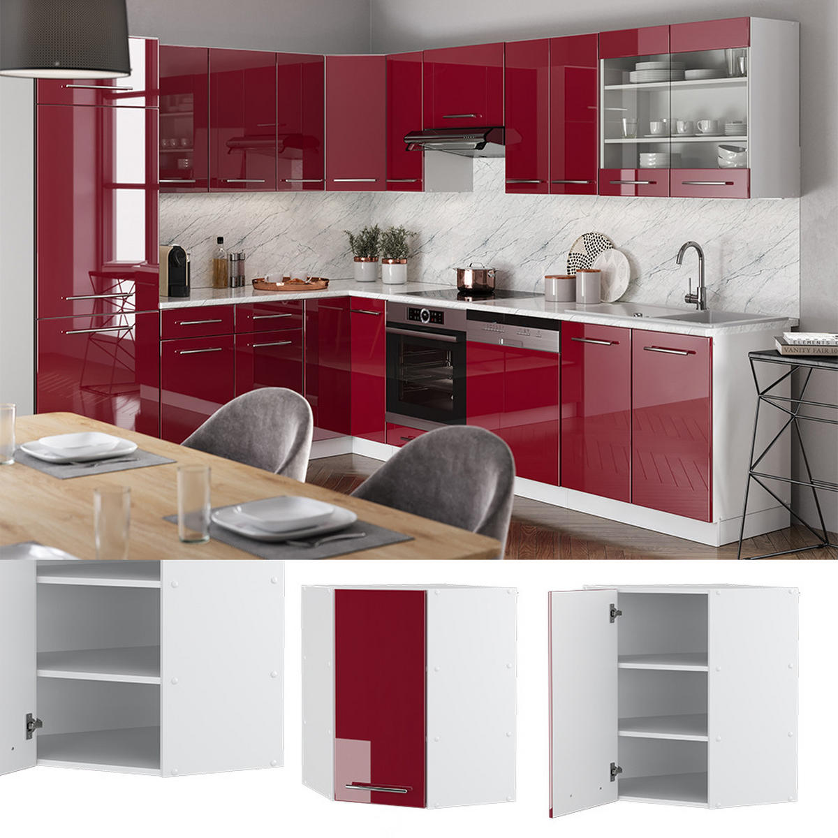 ECKHÄNGESCHRANK Fame-Line Bordeaux Hochglanz 57 cm - Bordeaux/Weiß, Holzwerkstoff (57/72/34.1cm) - Vicco
