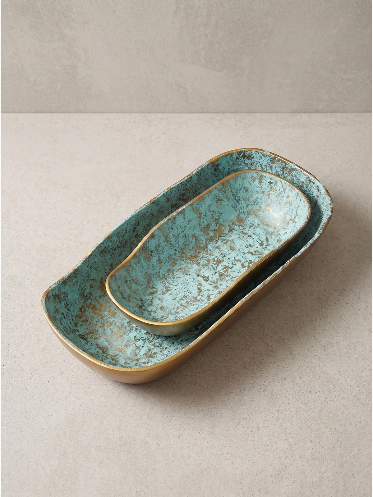 DEKOSCHALEN 2er-Set ENZ, Aluminium, Grün-Gold, 40 x 16 x 8 cm - Grün, Metall (8cm) - KADIMA DESIGN