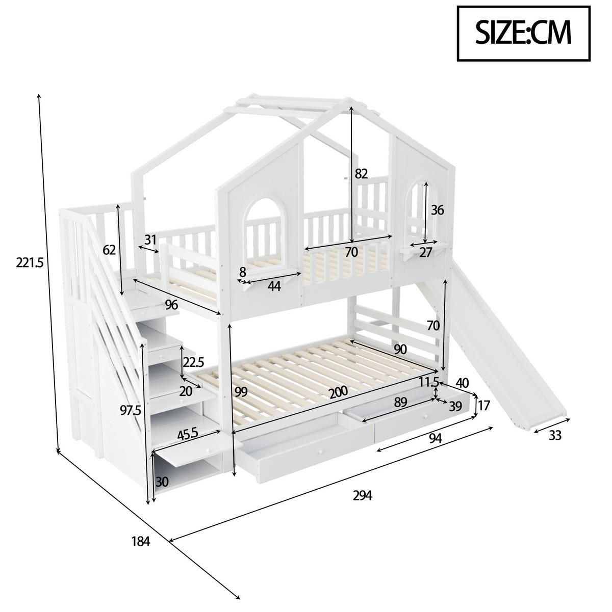 ETAGENBETT aus Holz 90x200 cm Weiß mit Rutsche, Stauraumtreppe und Schubladen - Weiß, Holzwerkstoff (90/200cm) - IVMEU
