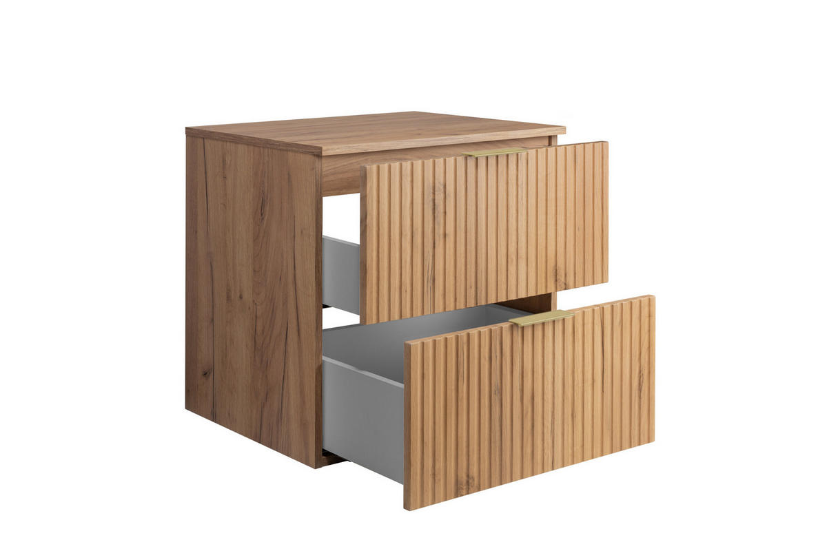 WASCHBECKUNTERSCHRANK, Eiche Craft, 60 x 57 x 46 cm, goldener Griff + Arbeitsplatte - Eichefarben/Goldfarben, Holzwerkstoff (60/57/46cm) - 3XE LIVING