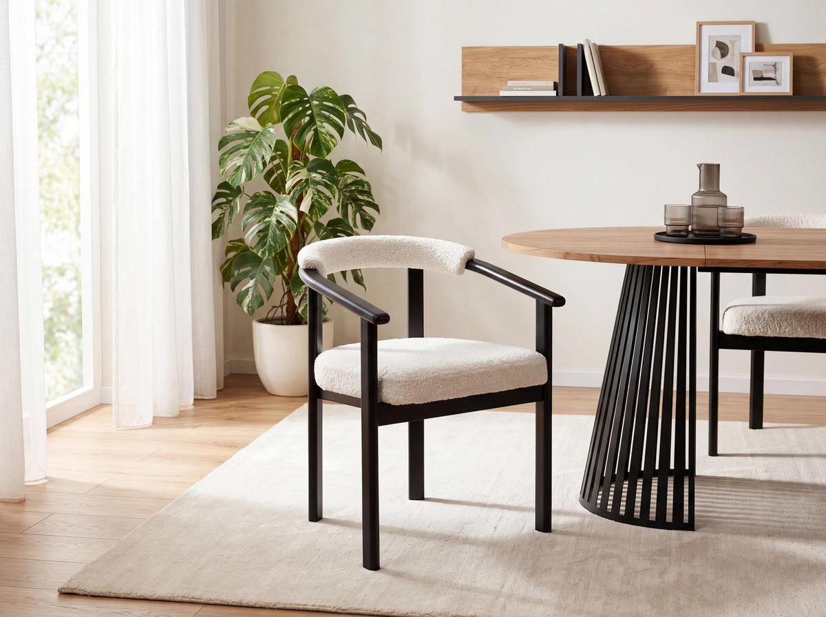 ESSZIMMERSTUHL KIRO 6er Set in Weiß Boucle mit schwarzen Buchenholzbeinen 56/55/73 cm - Schwarz/Weiß, Holz/Textil (58/72/47cm) - WFL GROUP