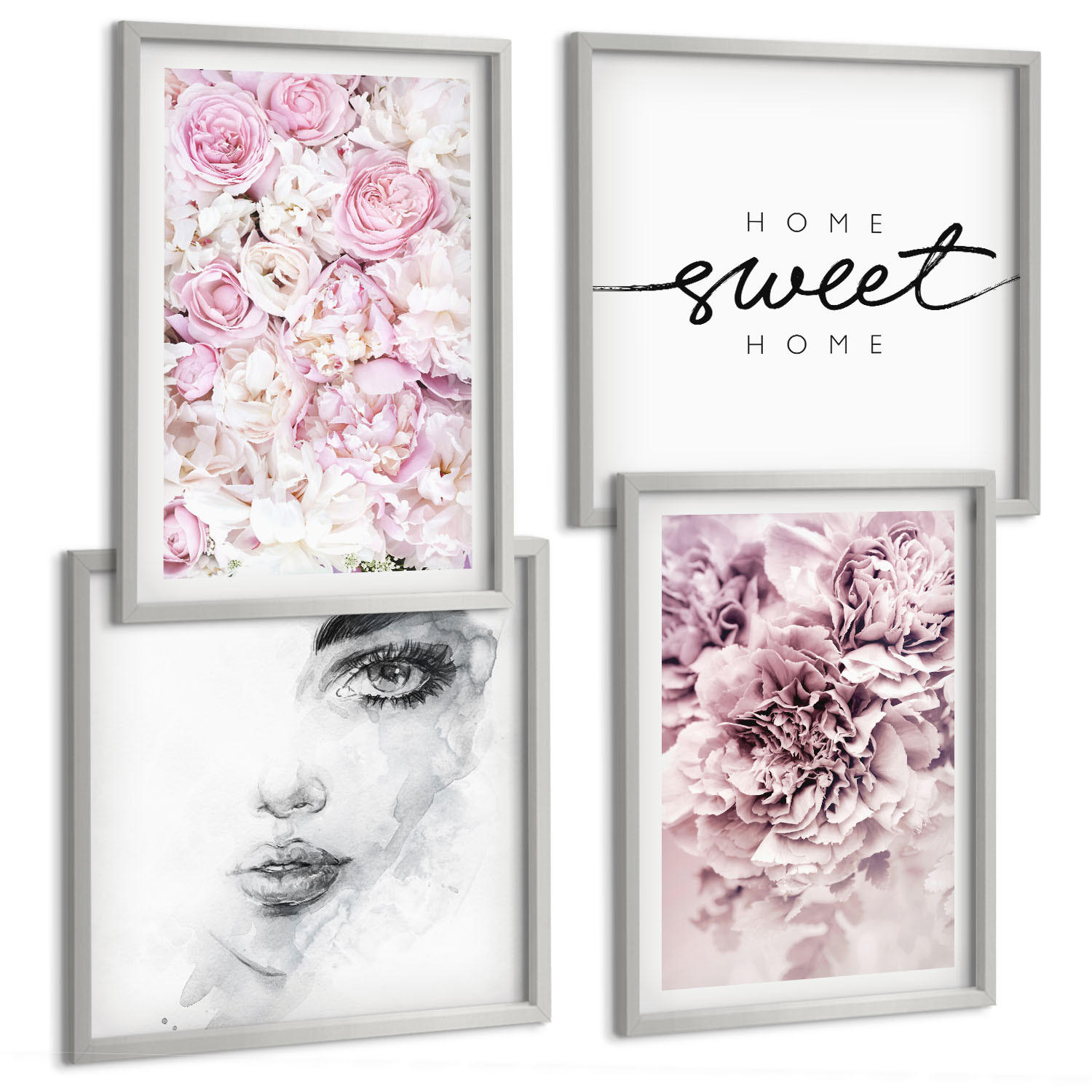 BILDER SET 4er Set - 50x50 cm & 40x60 cm Silberner Rahmen - Pfingstrosenporträt einer Frau für Zuhause - Silberfarben, Kunststoff (50/50cm) - TULUP