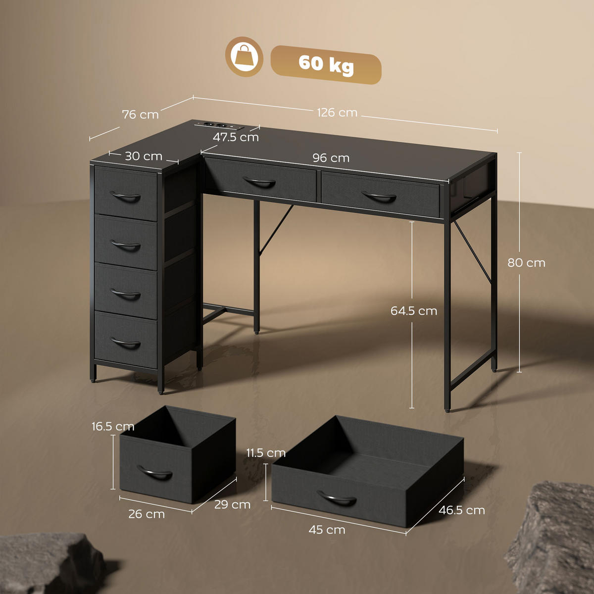 BÜROTISCH Schwarz 1 Stück - Schwarz, Holzwerkstoff (48/126/80cm) - GiPP
