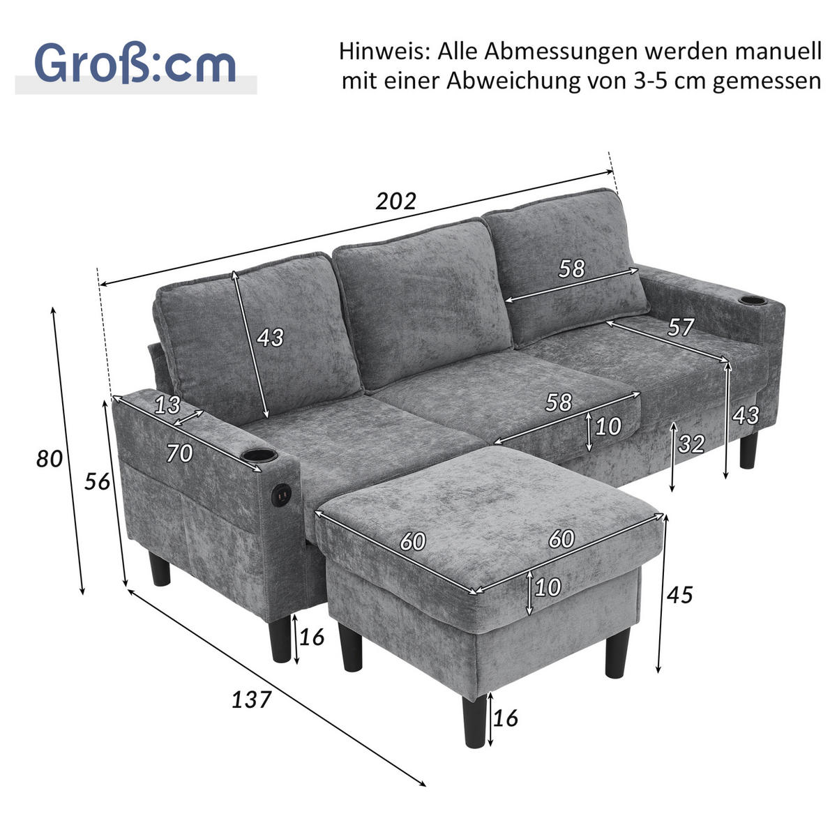ECKSOFA Gepolstertes 3-Sitzer mit Fußhocker und USB und Typ-C-Anschlüssen Grau Leinen 202/137/80 cm - Grau, Textil (202/137cm) - OKWISH