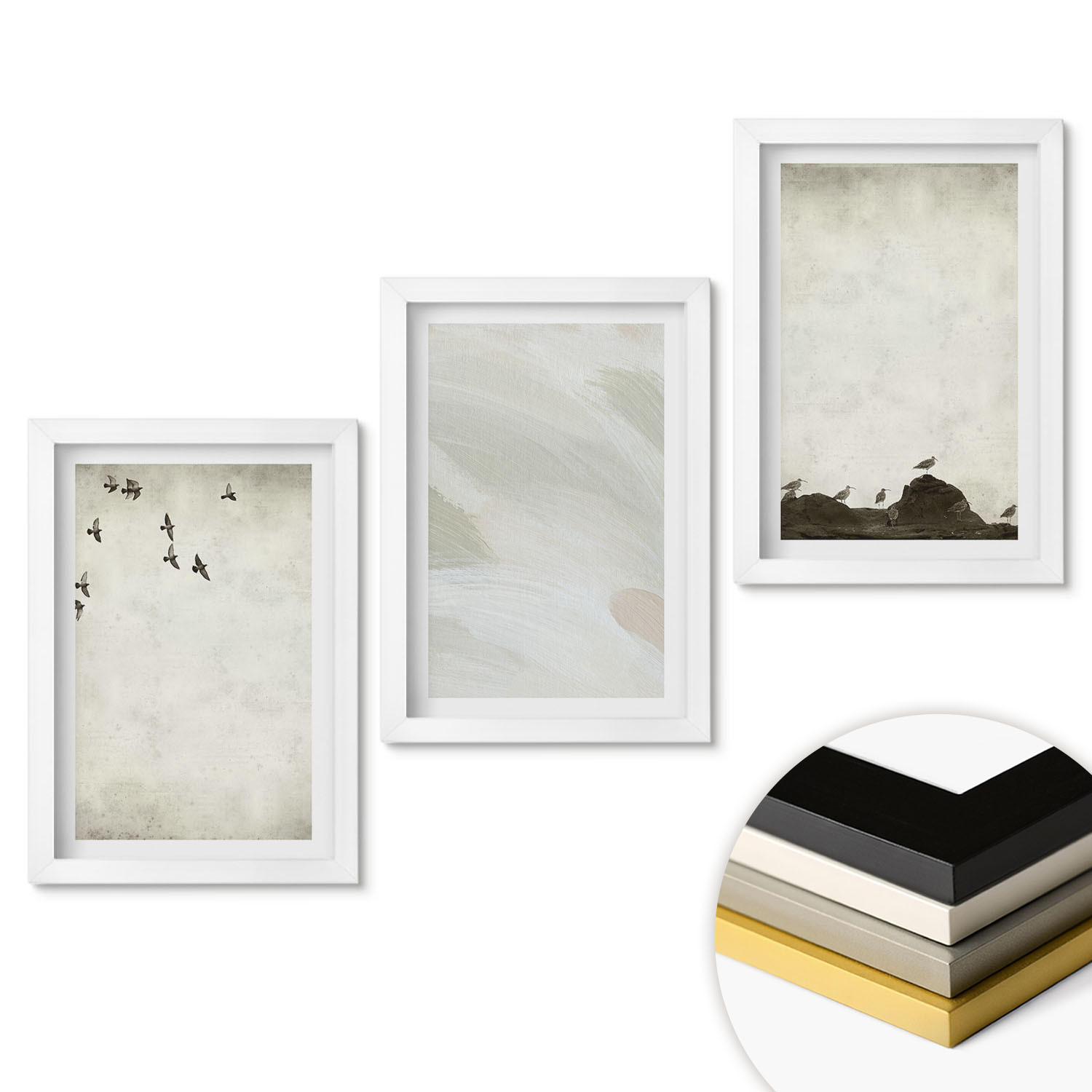 WANDBILDER 3er-Set - 20x30 cm Weißer Rahmen - Vögel, Steine, Pinselstriche, Verzierungen - Weiß, Kunststoff (20/30cm) - ArtPrintCave