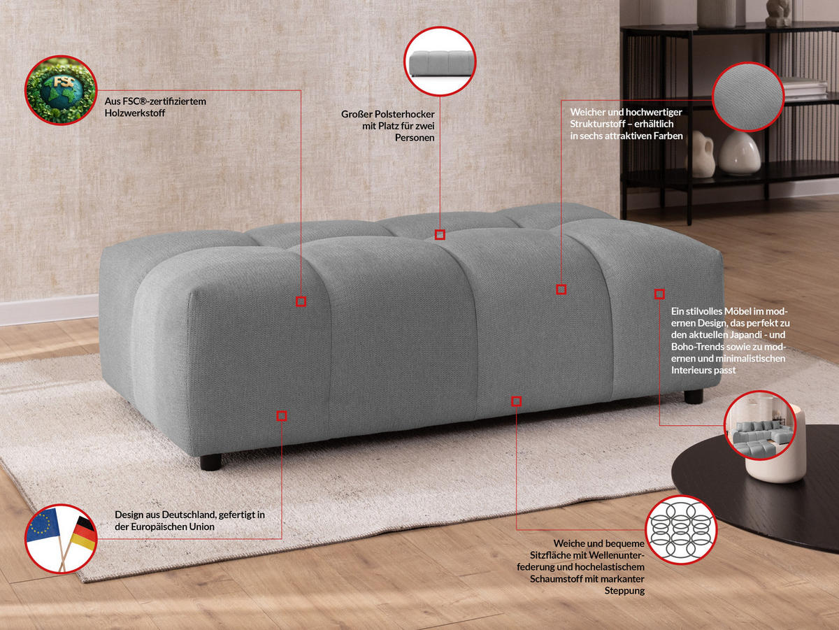 HOCKER Bubble mit Sitzfläche in Bubble-Optik aus weichem Grau Strukturstoff mit schöner Sitzkomfort - Schwarz/Grau, Holz/Kunststoff (147/42/74cm) - S-Style Möbel