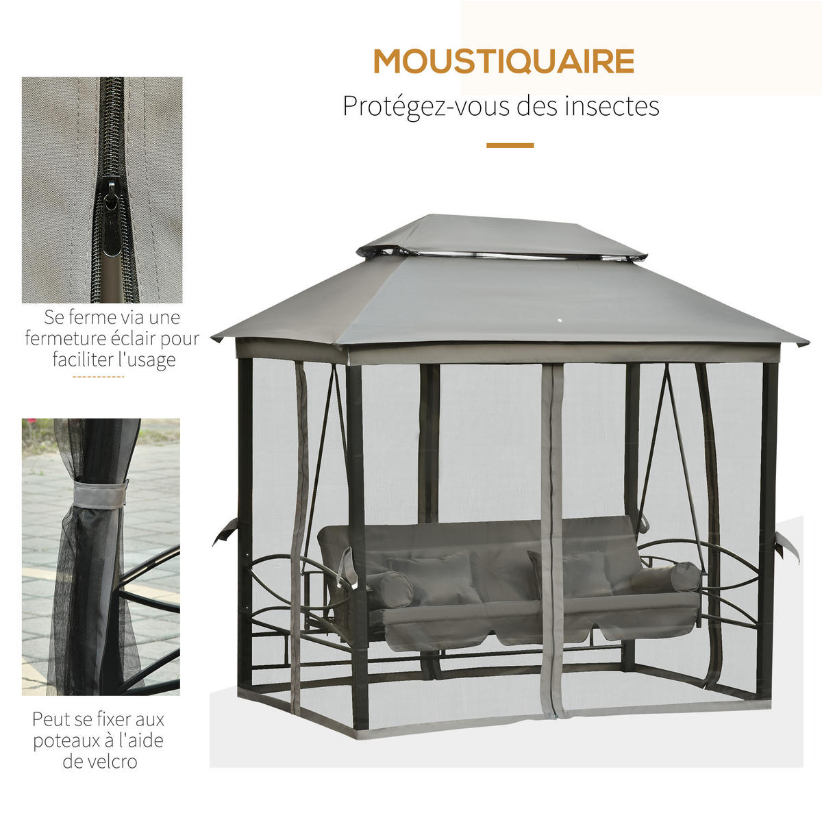 HOLLYWOODSCHAUKEL DE-15242 konvertierbar mit Moskitonetz Grau - Grau, Metall (172/248/256cm) - ComfortXL