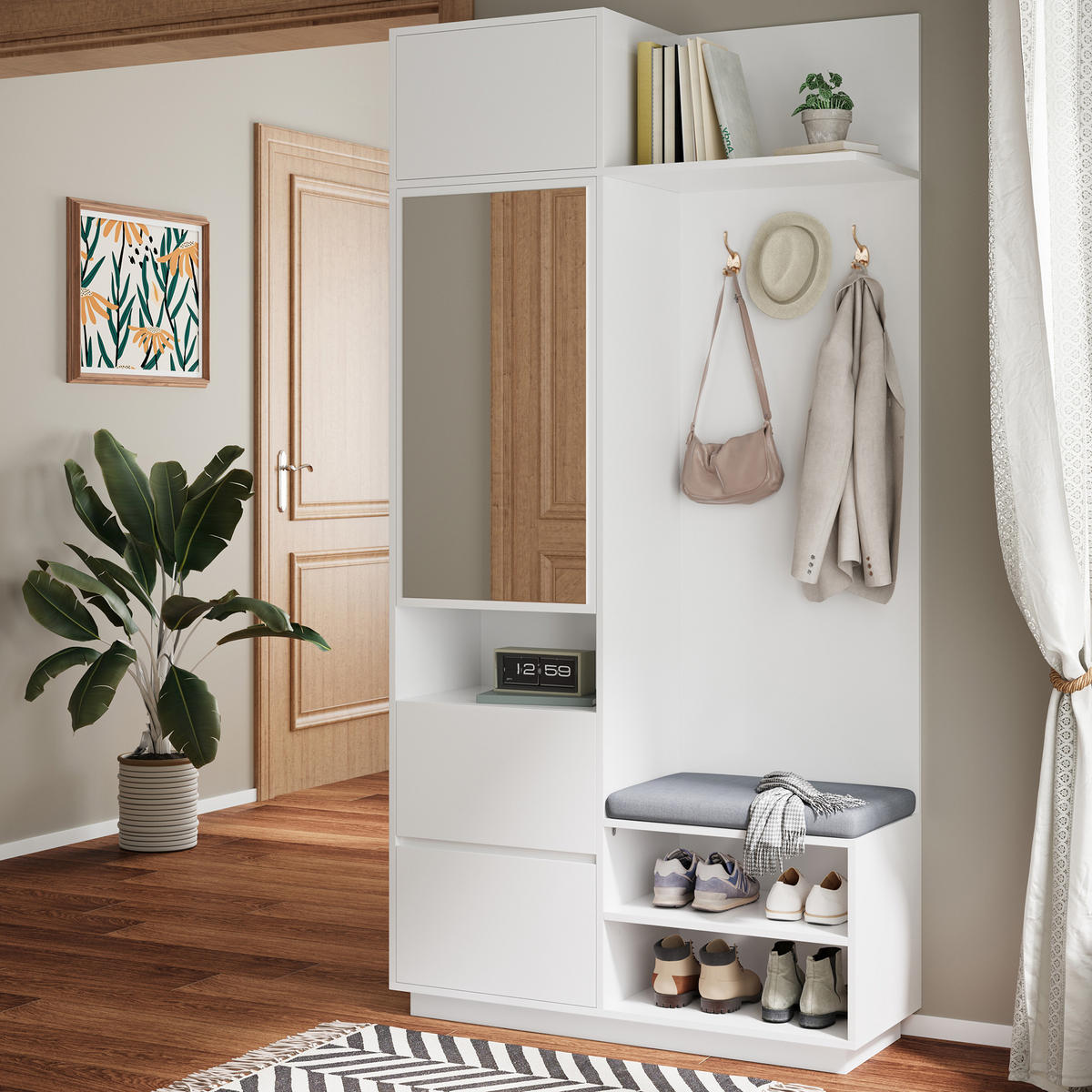 GARDEROBE Spiegel Sitzbank Schuhschrank - Weiß, Holz (90/190/34.5cm) - Fortuna Lai