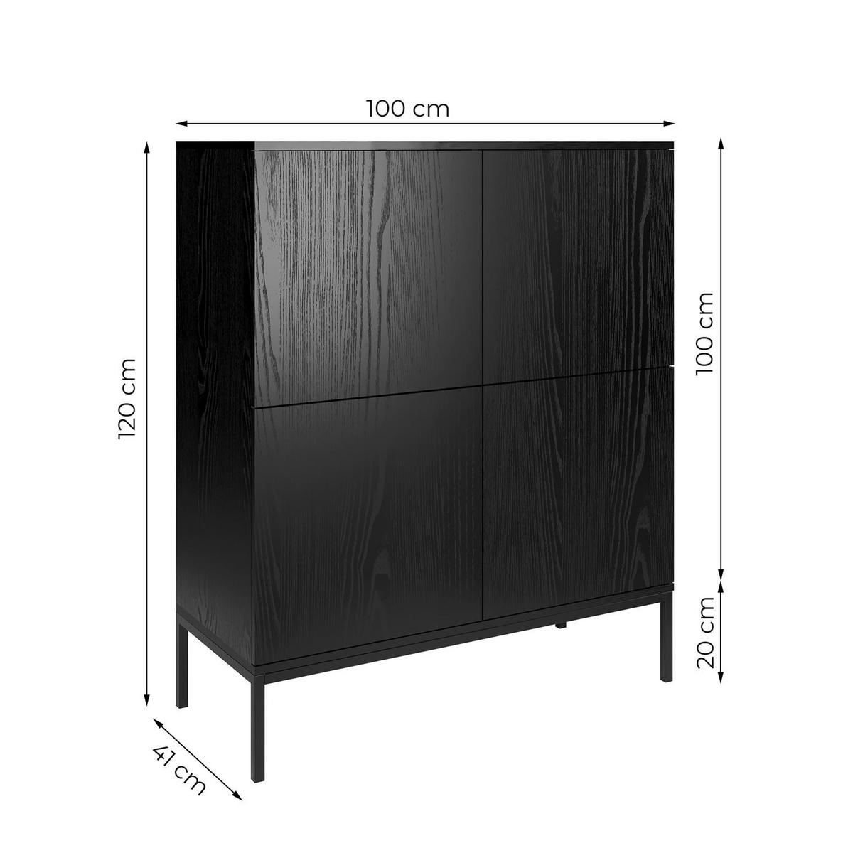 KOMMODE Induro Schwarz, Viertürig mit Metal Beine - Schwarz, Holzwerkstoff/Metall (100/120/41cm) - Bettso