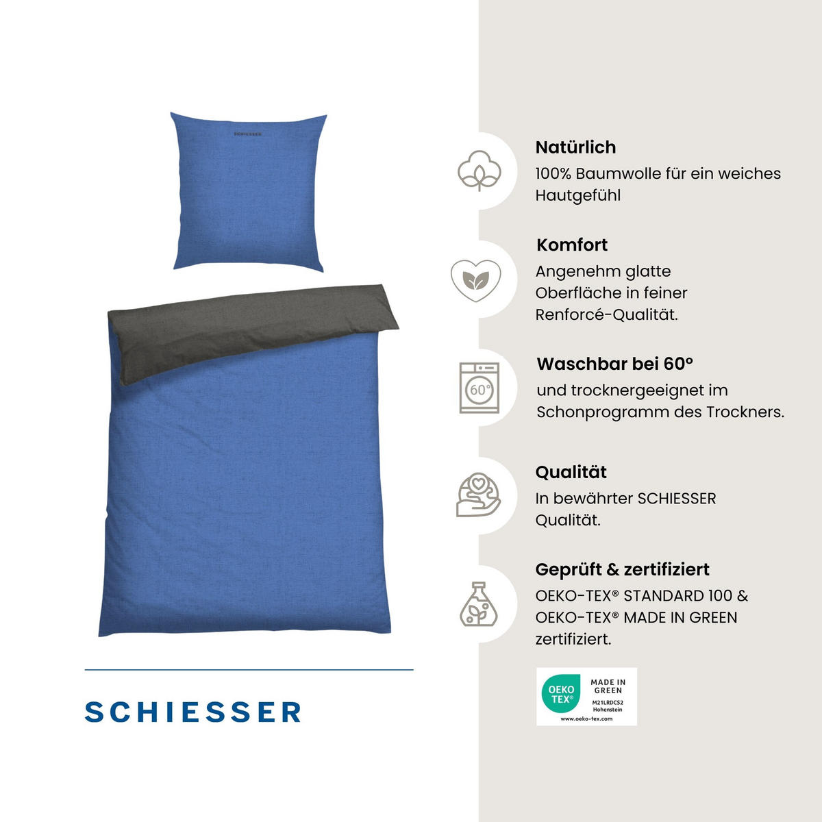 BETTWÄSCHESET Doubleface - Renforcé - 2-teilig - 135 x 200 cm - Blau-Dunkelgrau - Blau/Dunkelgrau, Textil (135/200cm) - SCHIESSER