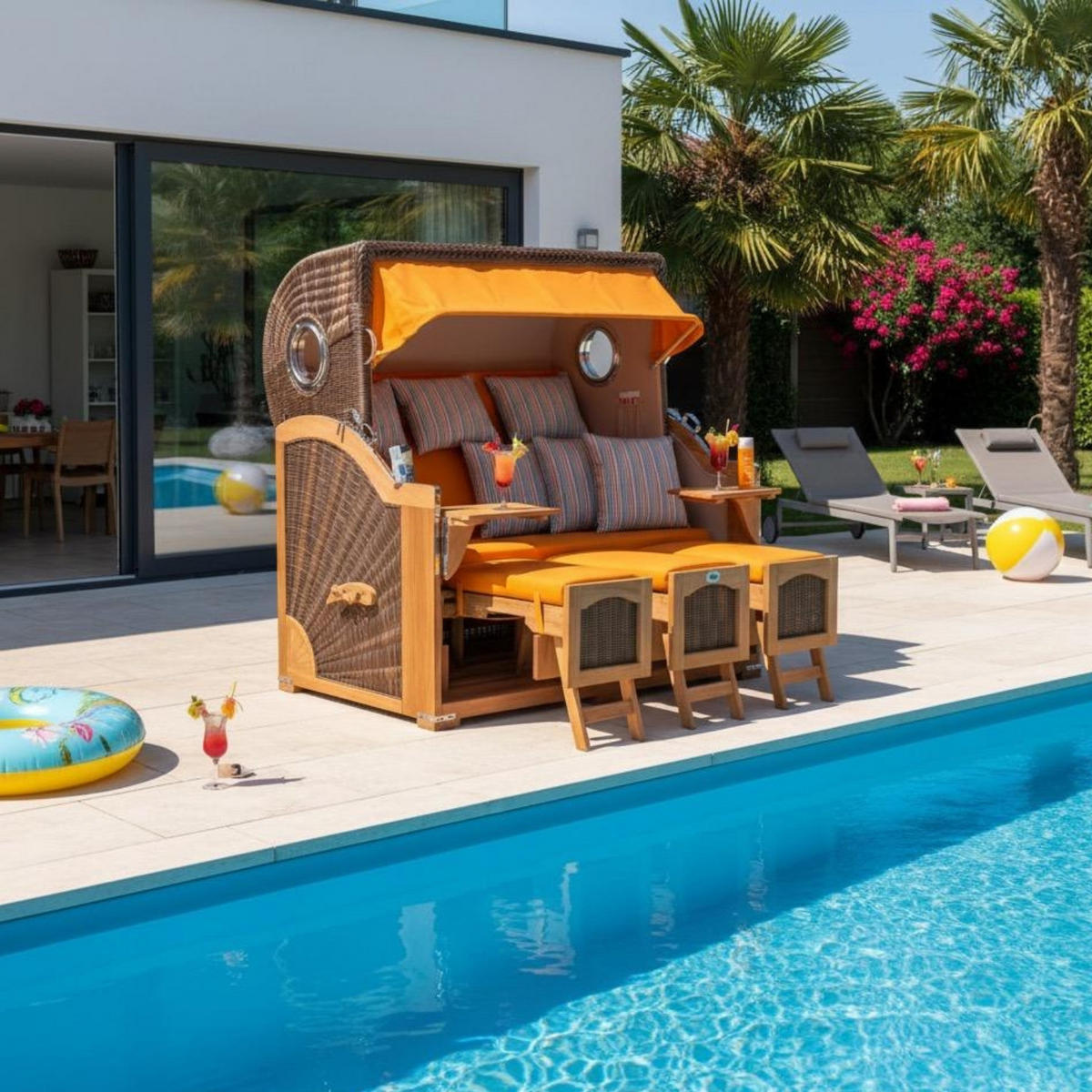 STRANDKORB XXL Düne Grande Teak PE Grey - Gelb/Braun, Metall (170/170/95cm) - Mr. Deko