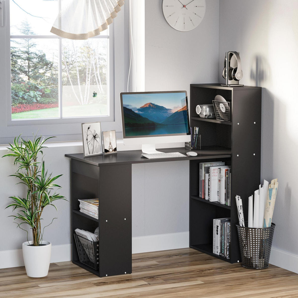 SCHREIBTISCH Schwarz mit 6 offenen Fächern und Regal 120/55/120 cm - Schwarz, Holz (55/120/120cm) - PANGIVO