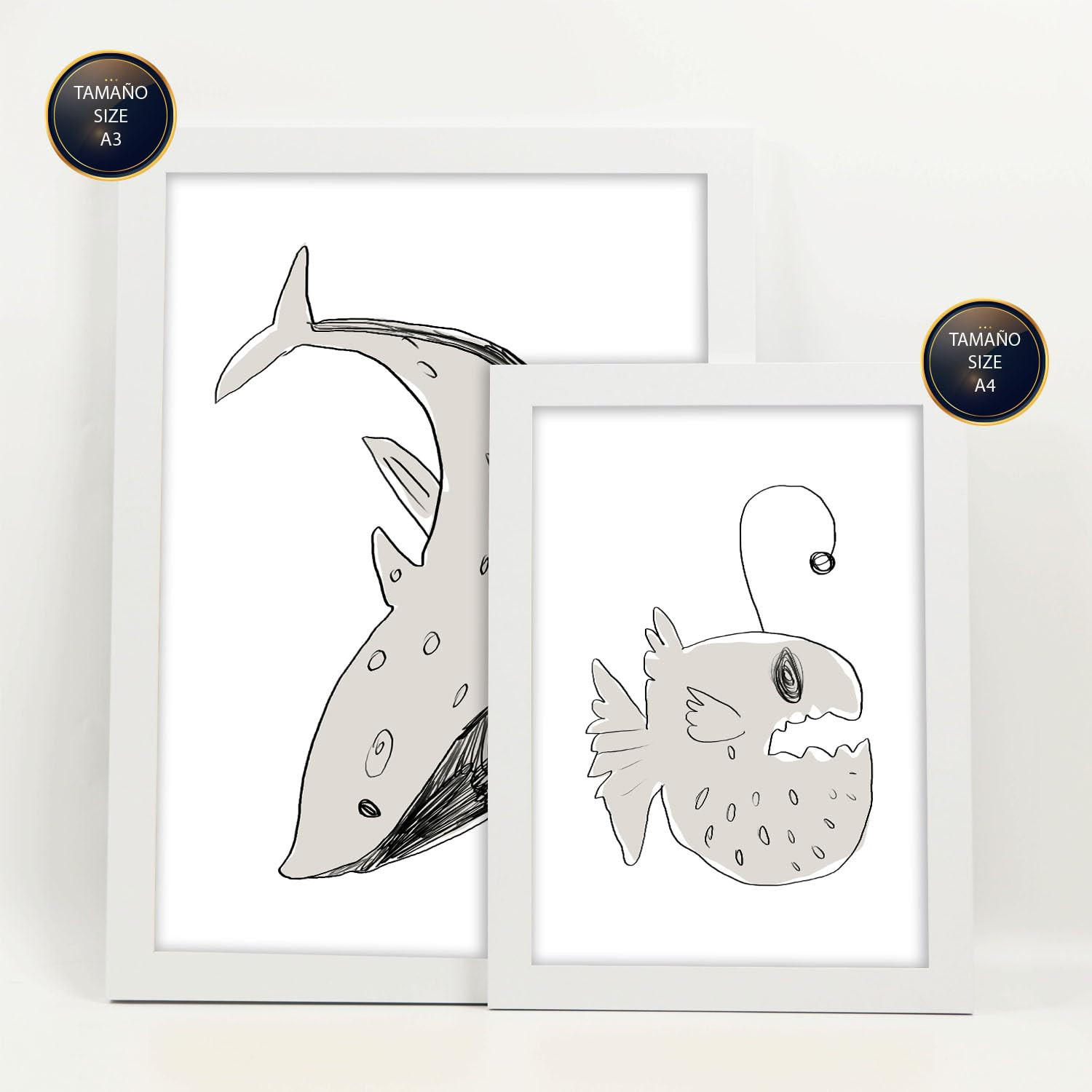 POSTER Set Mit 6 Sea Varmint In Tiere Abstracts Ästhetische Dekorative Gemälde Für Ihr Wohnzimmer, Schlafzimmer, Zuhause A3 & A4 Weißer Rahmen - Weiß, Papier (29/3cm) - Nacnic