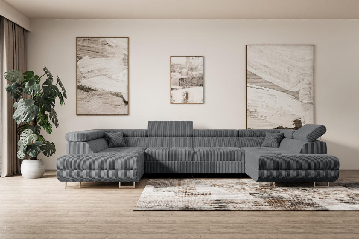 WOHNLANDSCHAFT mit Schlaffunktion und Bettkasten GUSA-U 342x202x107 cm Duneklgrau Cord - Dunkelgrau/Silberfarben, Holzwerkstoff/Textil (342/107/202cm) - ALTDECOR