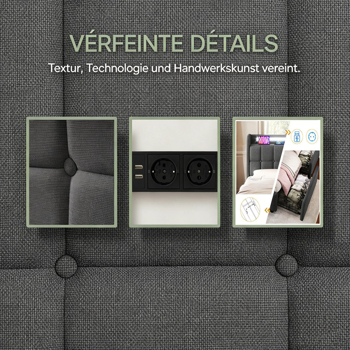 DOPPELBETT 160x200 mit stauraum, polsterbett mit LED, USB, 4 Schublade, Leinenstoff, grau - Dunkelgrau, Textil/Metall (160/200cm) - GENKI LIVING