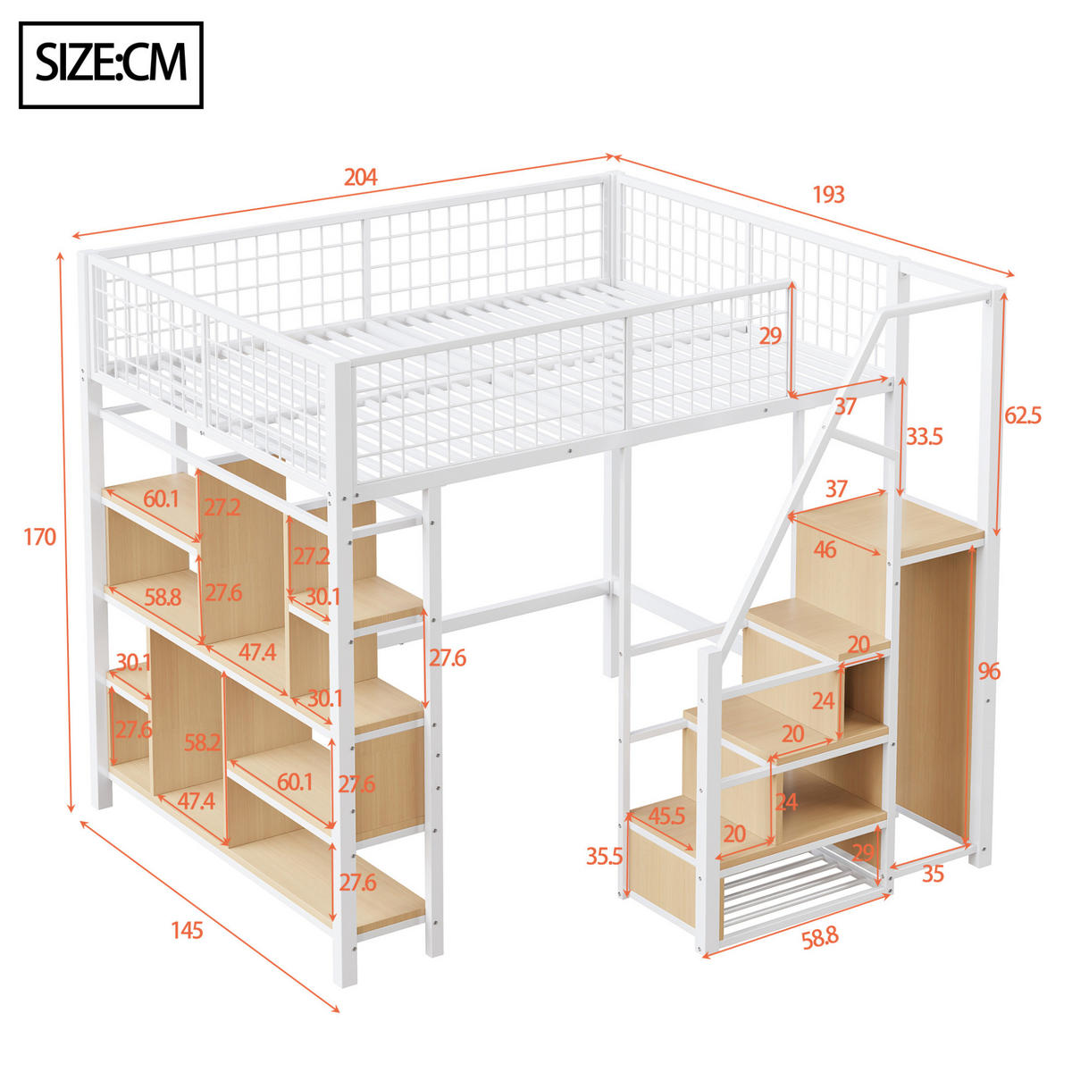 HOCHBETT 140/200 cm Weiß mit Stauraumtreppe - Weiß, Metall (140/200cm) - MIVRAY