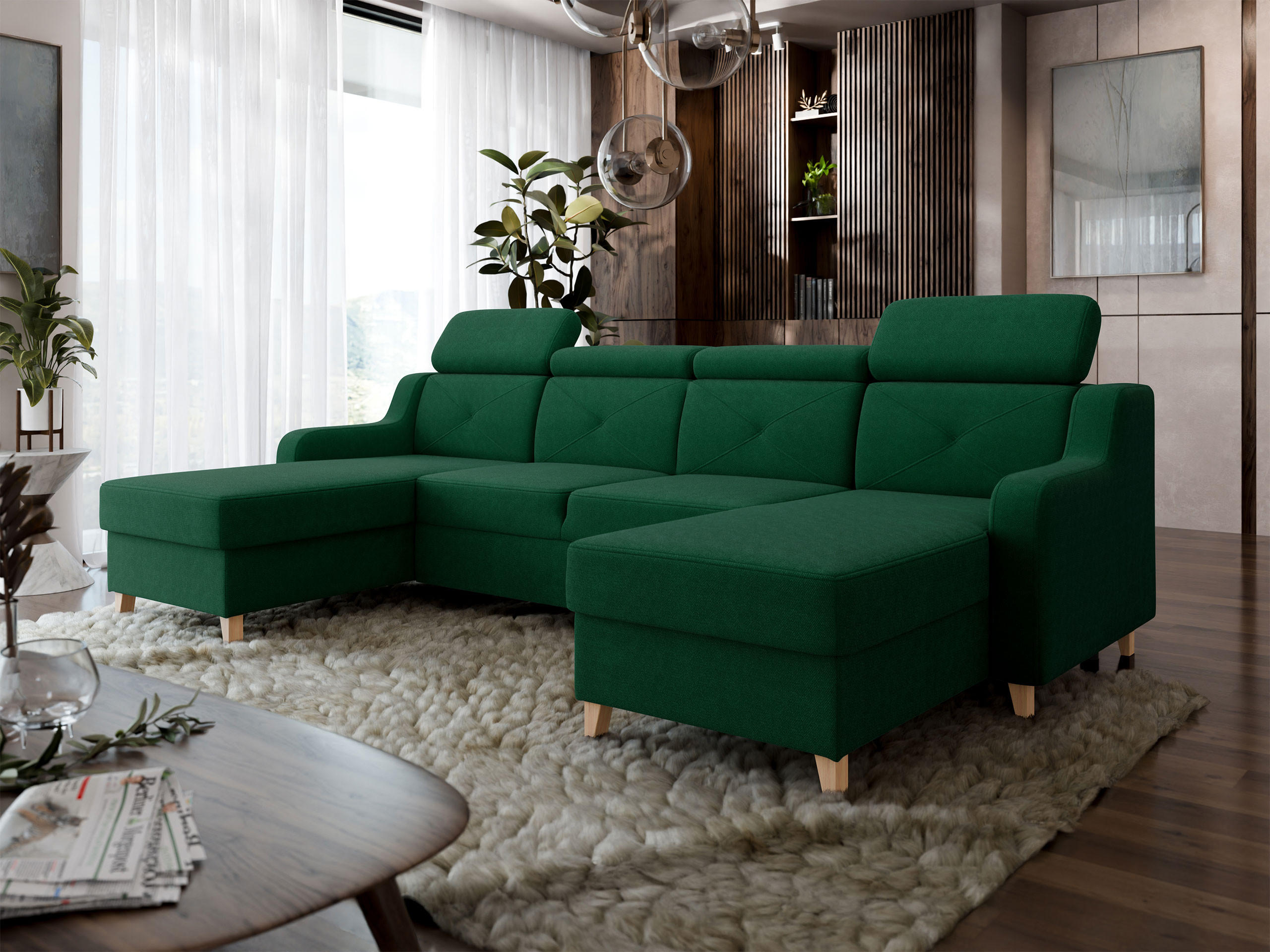 ECKSOFA Marbella U - Naturfarben/Grün, Holz/Textil (286/82/165cm) - MIRJAN24