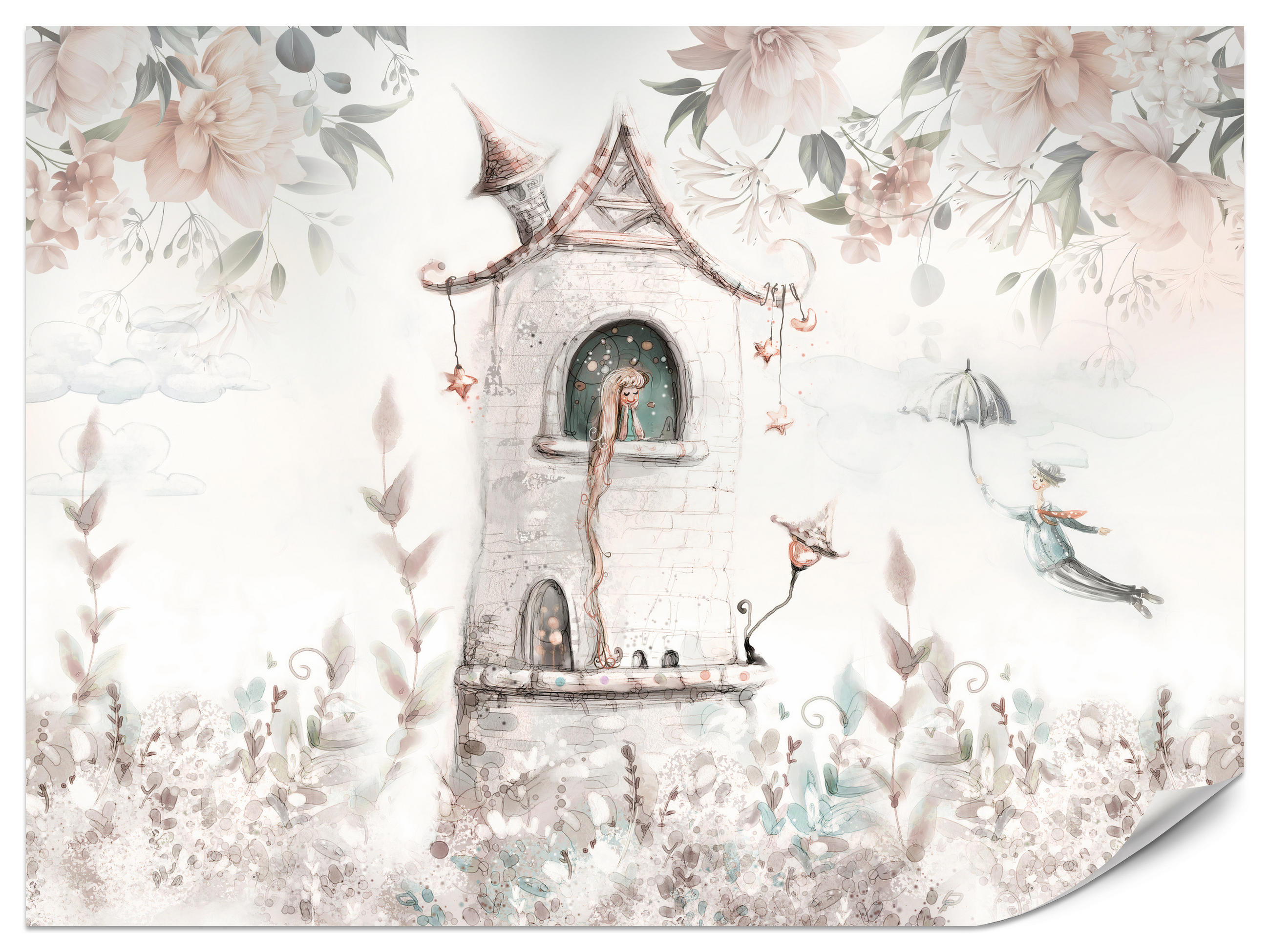 FOTOTAPETE für Kinderzimmer Prinzessin Turm Blumen Pflanzen 200x140 - Multicolor, Papier (200/140cm) - Muralo