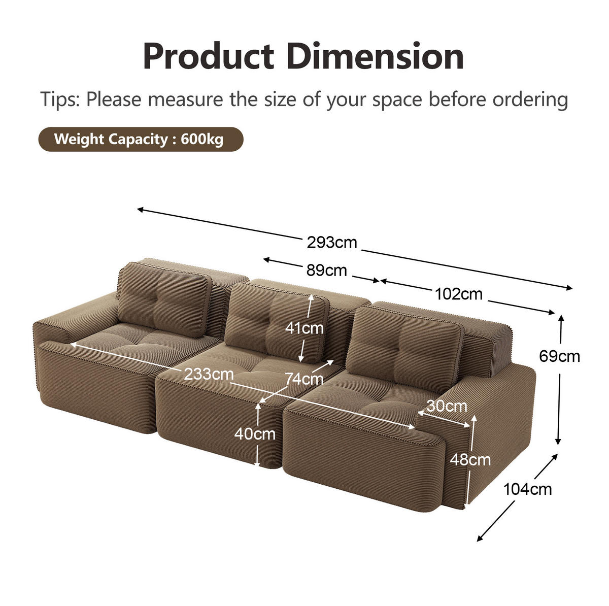 SOFA modular 3-Sitzer Tiefsitz Cord Braun - Braun, Textil (293/69/104cm) - IVMEU