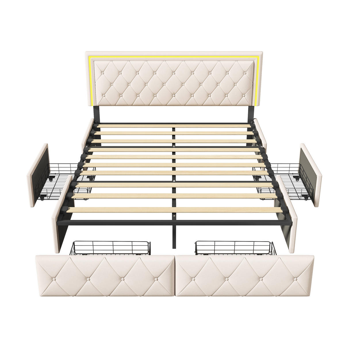 POLSTERBETT 160x200 cm, mit 4 Schubladen, Lattenrost, PU-Beige - Beige, Holzwerkstoff/Textil (160/200cm) - WoodenAura