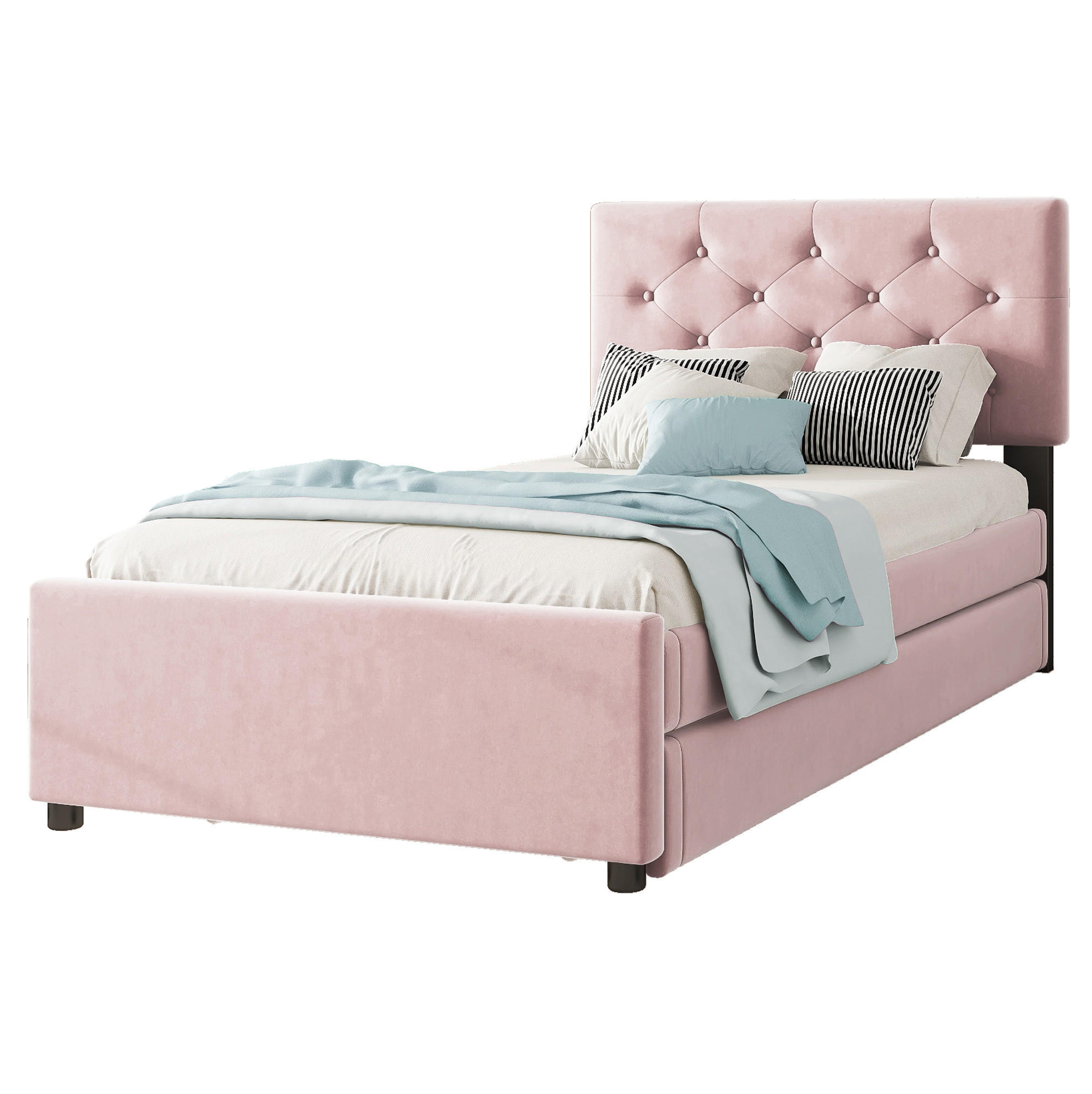 POLSTERBETT 90/200 cm rosa mit ausziehbarem Zusatzbett und Lattenrost - Rosa, Textil (90/200cm) - OKWISH