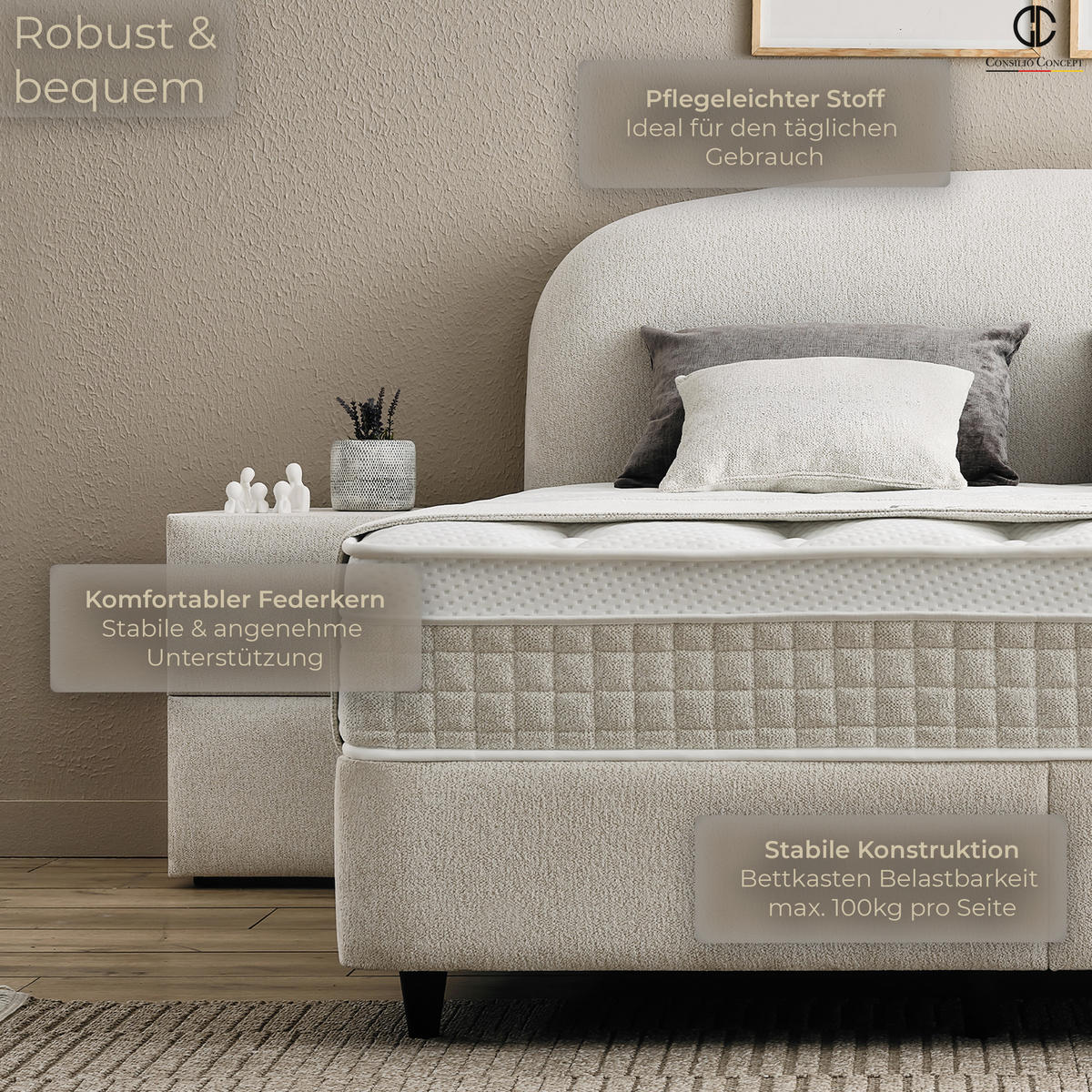 BOXSPRINGBETT MIT BETTKASTEN FREYA 90/200 cm, Ivory, Bettkasten, Matratze, Topper integriert, H3 mittel 7-Zonen Matratze - Creme/Schwarz, Holz/Kunststoff (90/200cm) - Consilio Concept