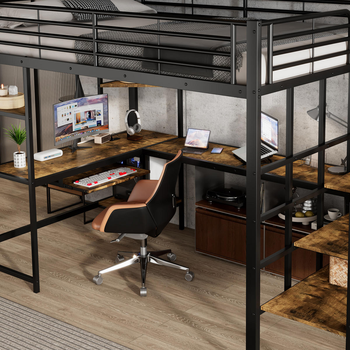 HOCHBETT 120/200 cm in Schwarz & Dunkelwalnuss mit Ladeanschluss, Ecktreppe und Schreibtisch - Schwarz, Holzwerkstoff/Metall (120/200cm) - CHICFURN