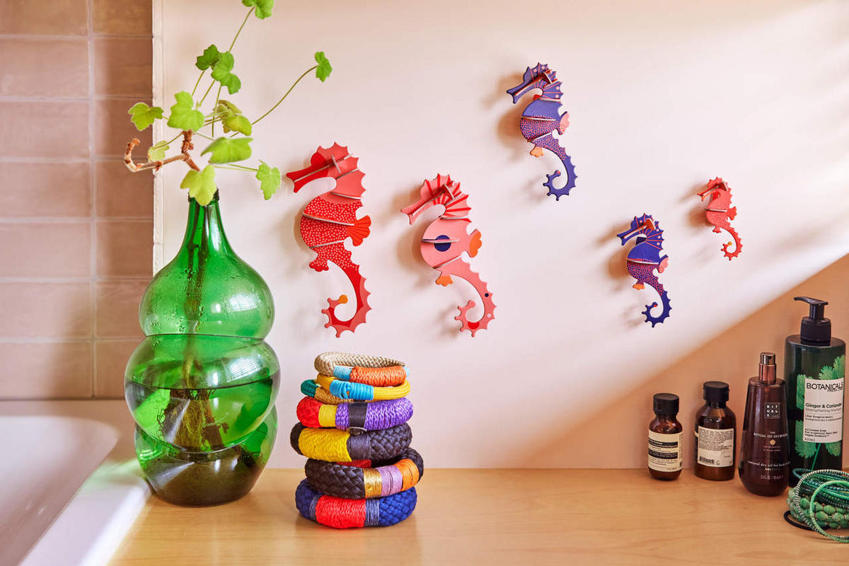WANDDEKO Seepferdchen-Set 7/3 cm - Blau/Pink, Wellpappe (7/3/21cm) - KUNSTLOFT