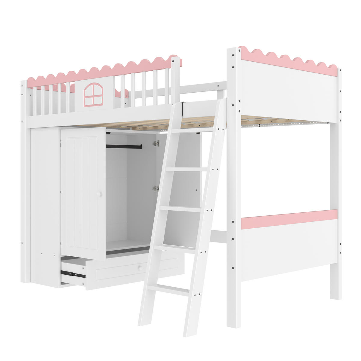 HOCHBETT 90/200 cm in Weiß mit Kleiderschrank, Schublade und LED - Weiß, Holz (90/200cm) - STILVORA