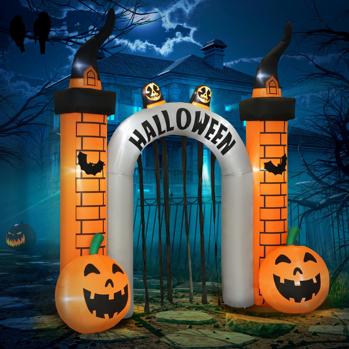 AUFBLASBARER Halloween Torbogen 3 m mit LED Geisterkürbis Gebläse für Hof Rasen - Orange, Textil (105/322/325cm) - Outsunny