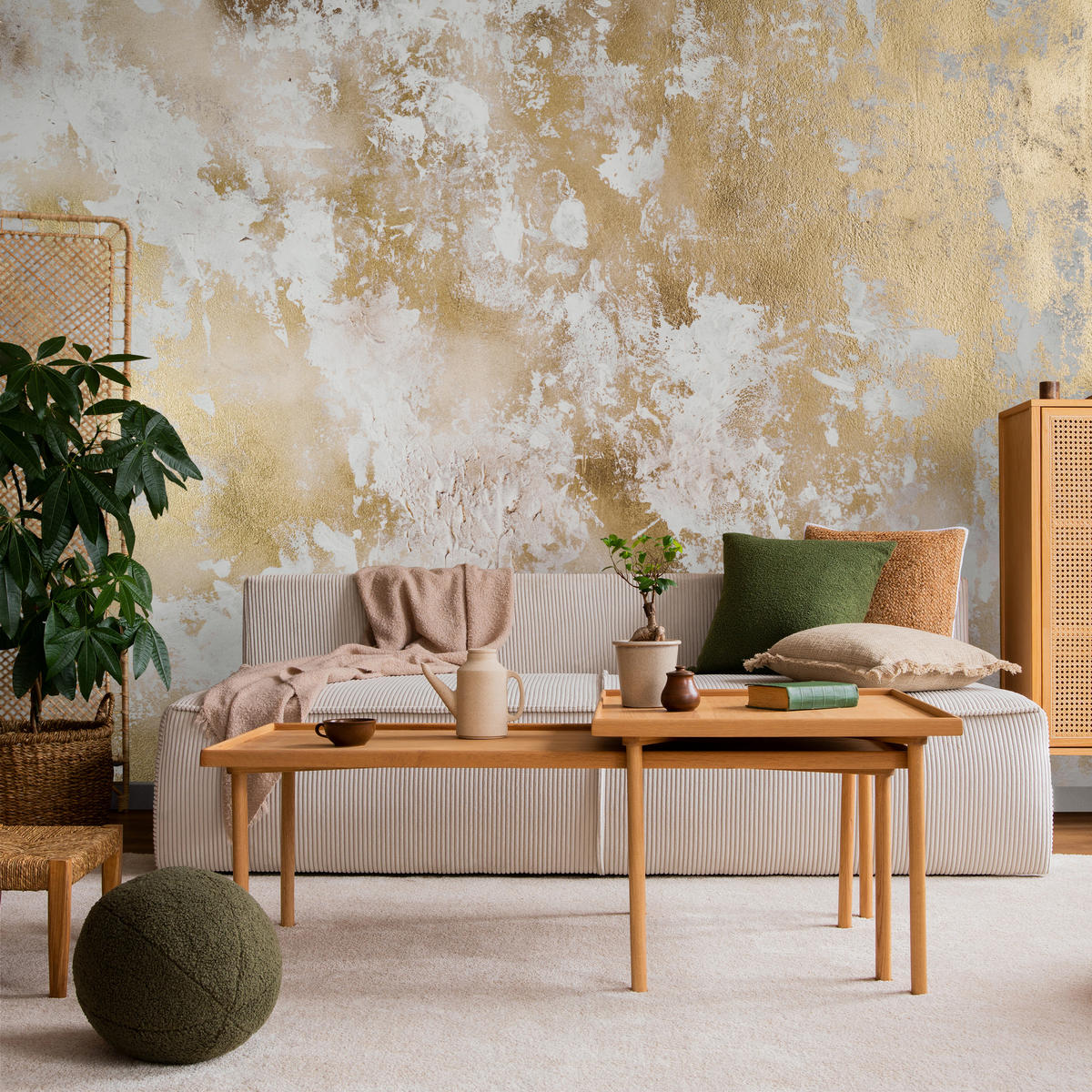 FOTOTAPETE für Wohnzimmer Modern Beton Gold Ornamente 500x350 - Beige/Braun, Papier (500/350cm) - Muralo